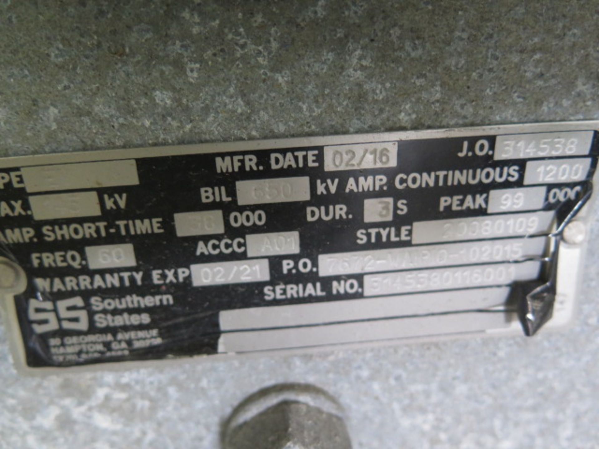 (3) Southern State Type EV Breakers 145kV Max, BIL 650kV Amp Continuous 1200 Amp Short-Time 38000 - Image 7 of 7