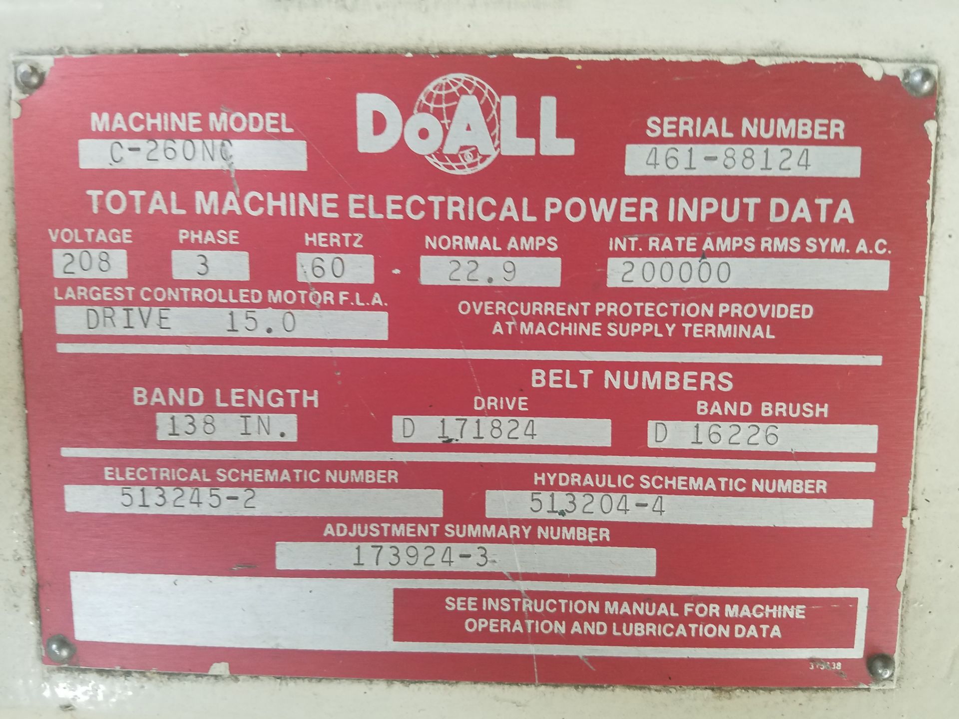 DoAll Horizontal Automatic Power Band Saw Mod. C-260NC Hydraulic, 138" Band Length Chip Auger. - Image 9 of 9