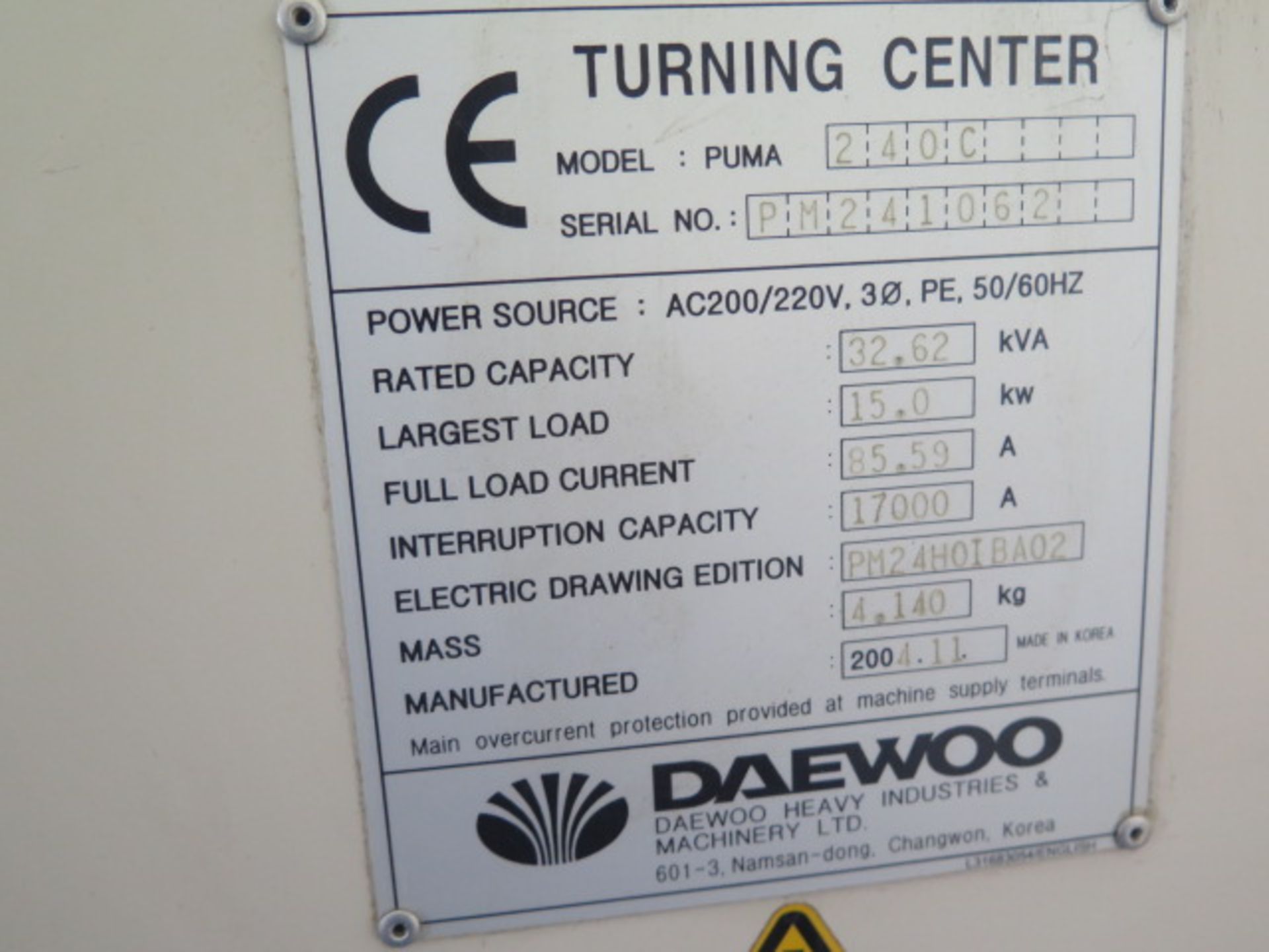 NOV 2004 Daewoo PUMA240C CNC Turning Center s/n PM241062 w/ Daewoo-Fanuc i Series Controls, Tool - Image 12 of 12