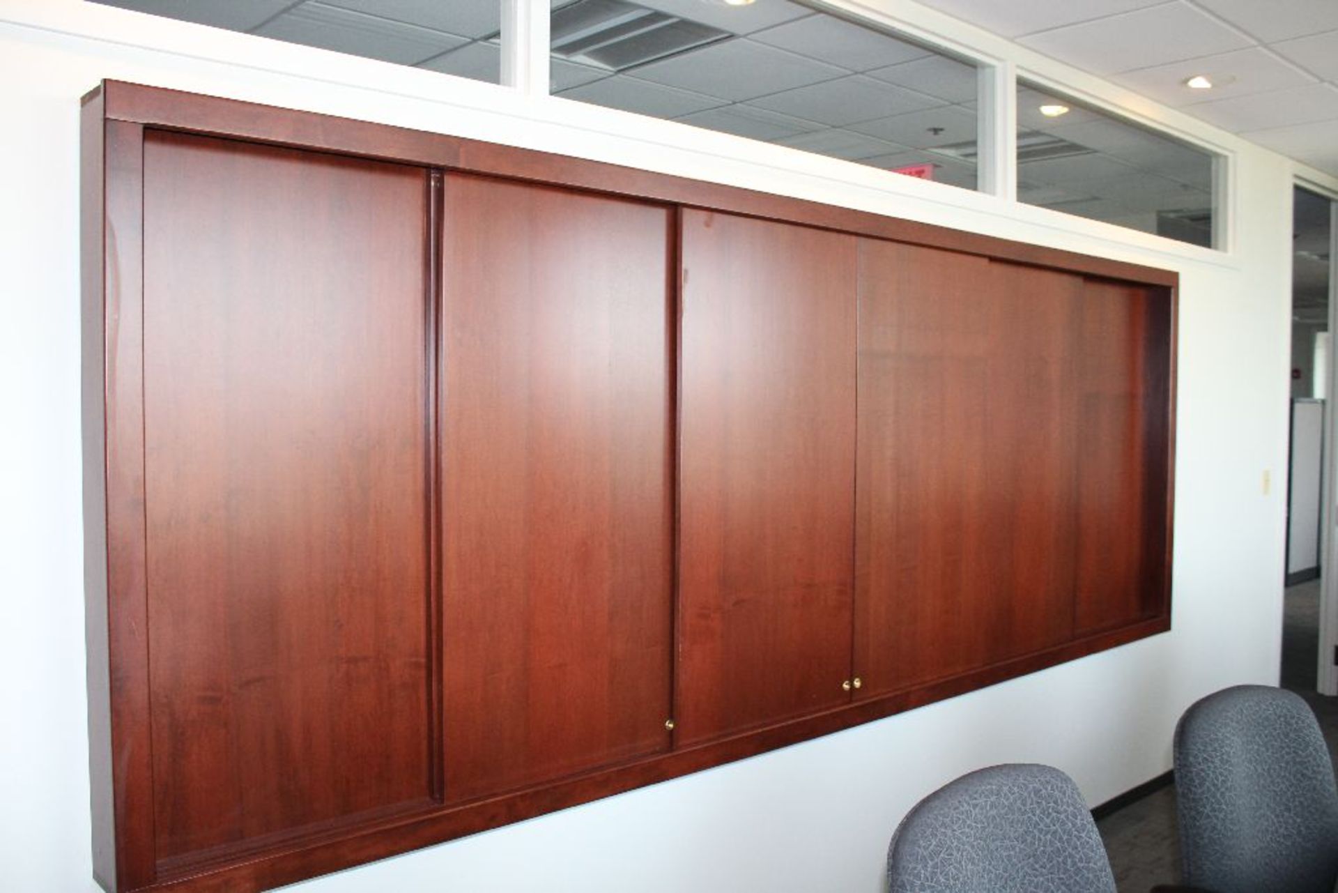 LARGE WALL MOUNTED WHITE BOARD CABINET, WHITE BOARD IS 96" X 48", OVERALL CABINET IS 148" X 53" - Image 2 of 2