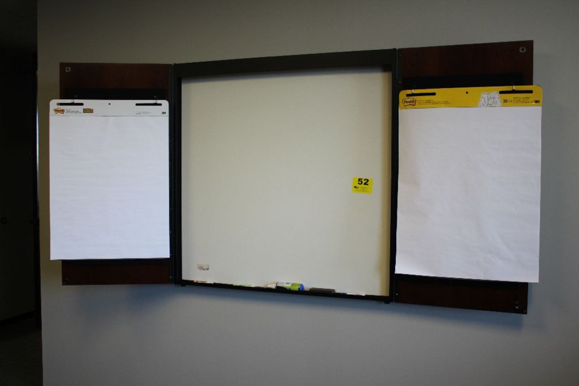LARGE WALL MOUNTED WHITE BOARD CABINET WITH SIDE PANELS -47" X 47"
