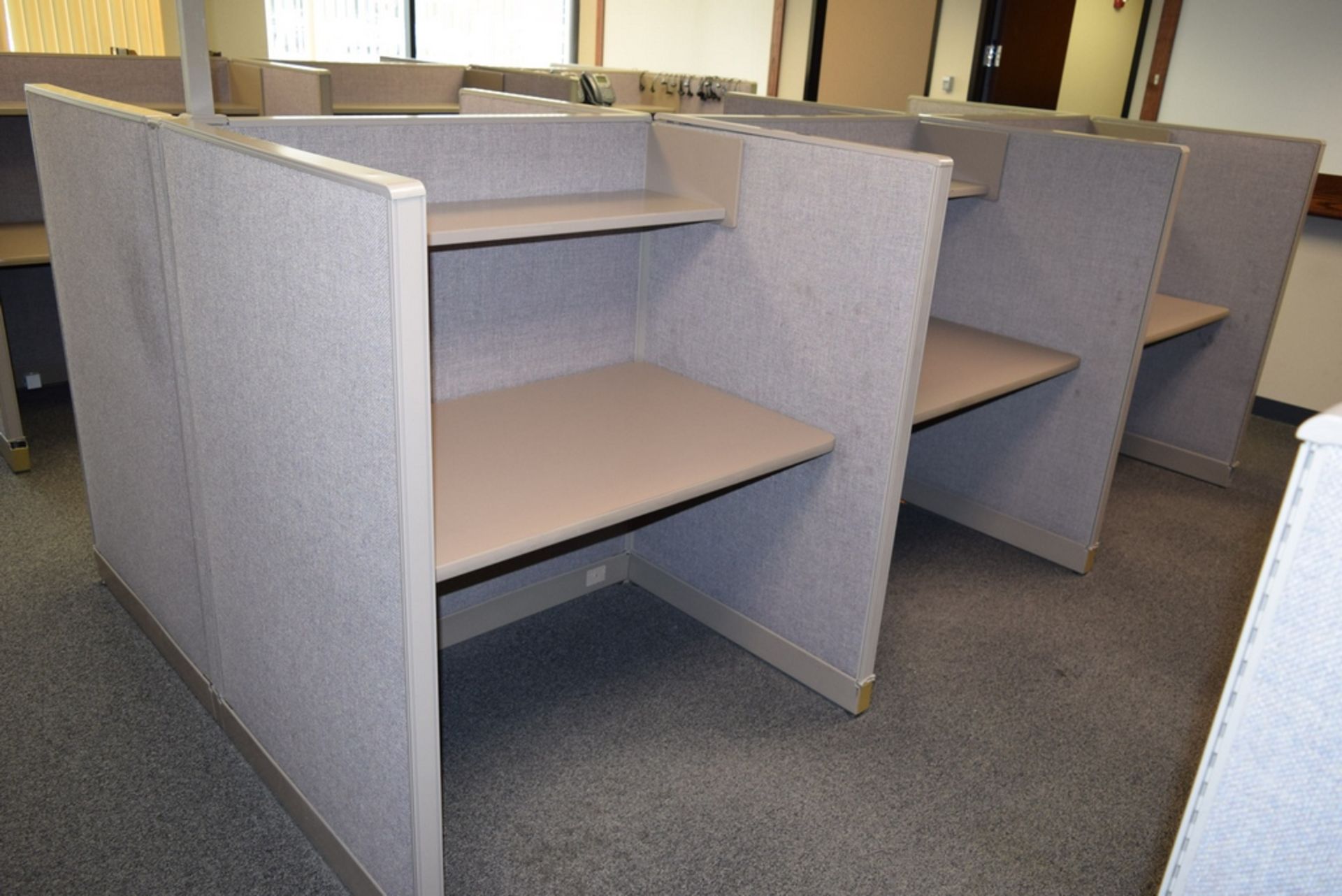 (6) SECTIONS OF 48"X36"X56" METAL FRAME CLOTH UPHOLSTERED OFFICE CUBICLES W/ADJUSTABLE WOOD LAMINATE - Image 3 of 3