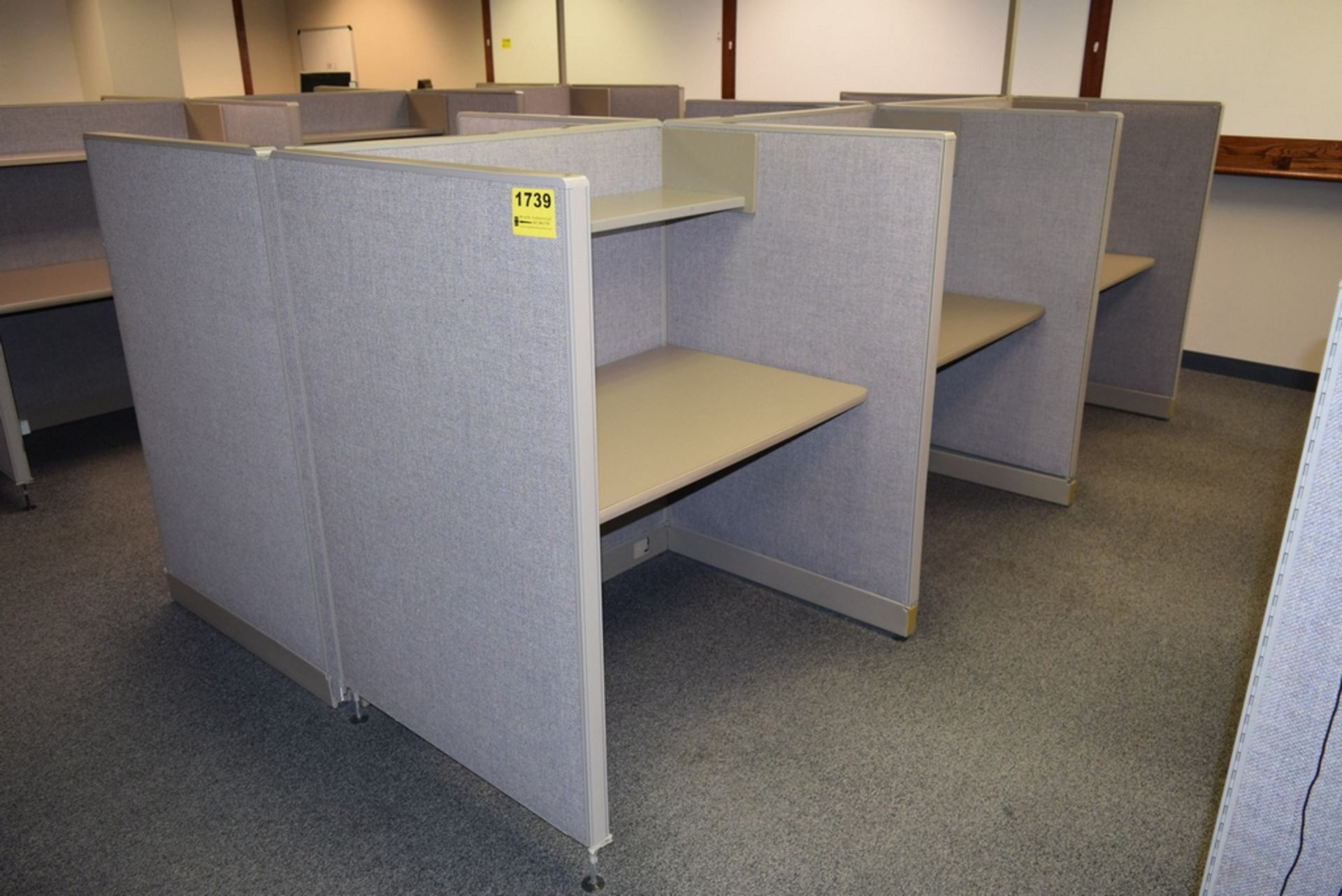 (6) SECTIONS OF 48"X36"X56" METAL FRAME CLOTH UPHOLSTERED OFFICE CUBICLES W/ADJUSTABLE WOOD LAMINATE