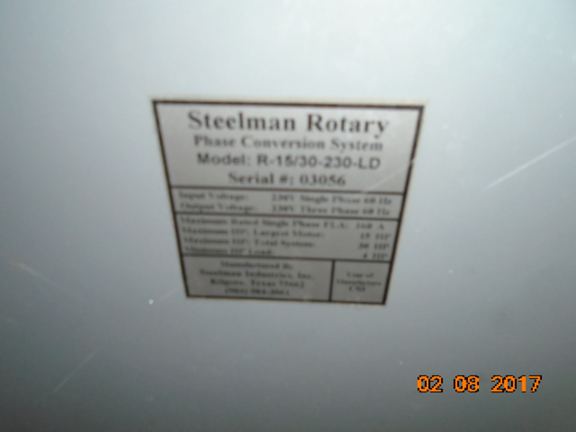 STEELMAN ROTARY PHASE CONVERTOR MDL. R-15/30-230-LD - Image 2 of 2