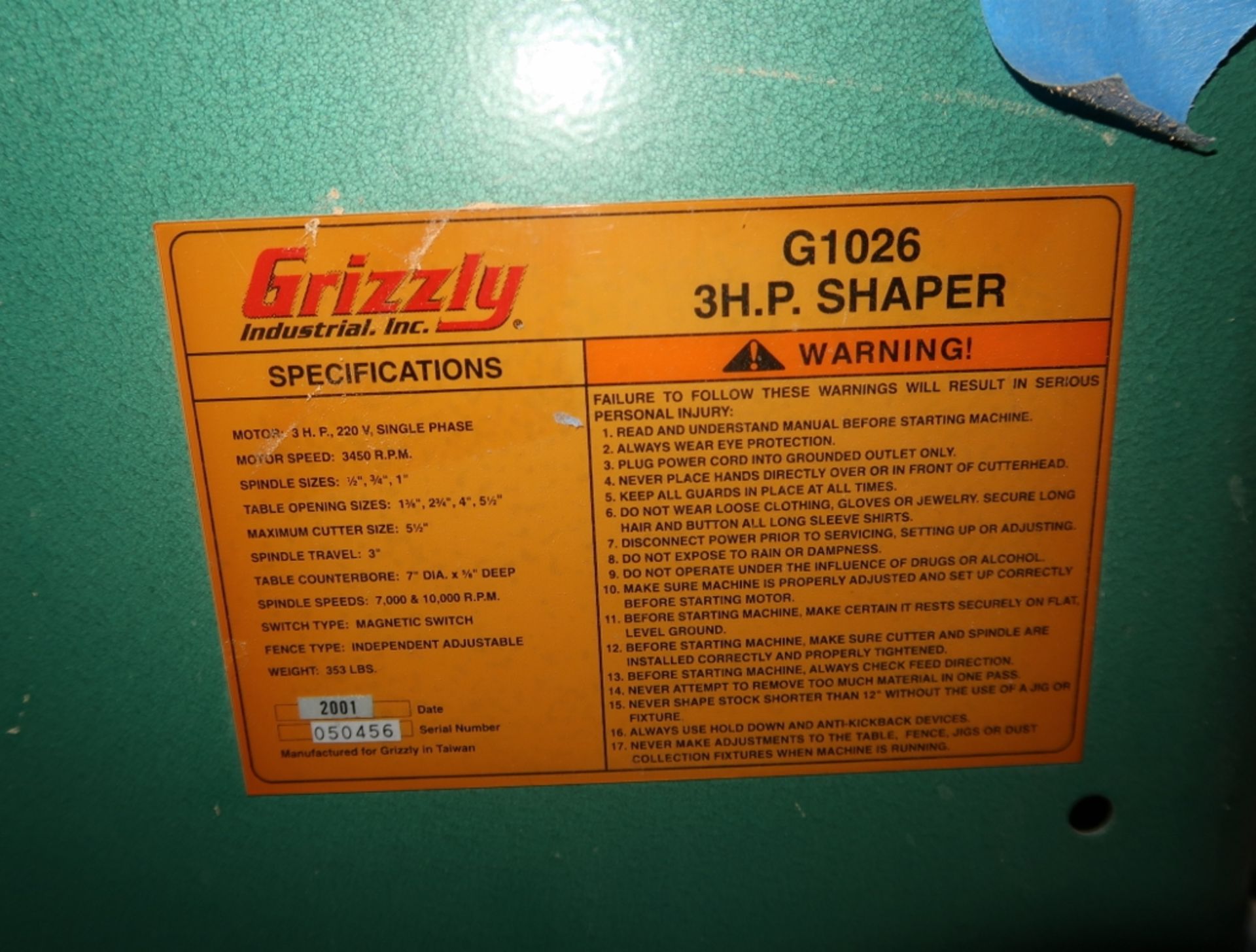 GRIZZLY 3HP SHAPER MDL. G1026 SN. 050456 - Image 6 of 6