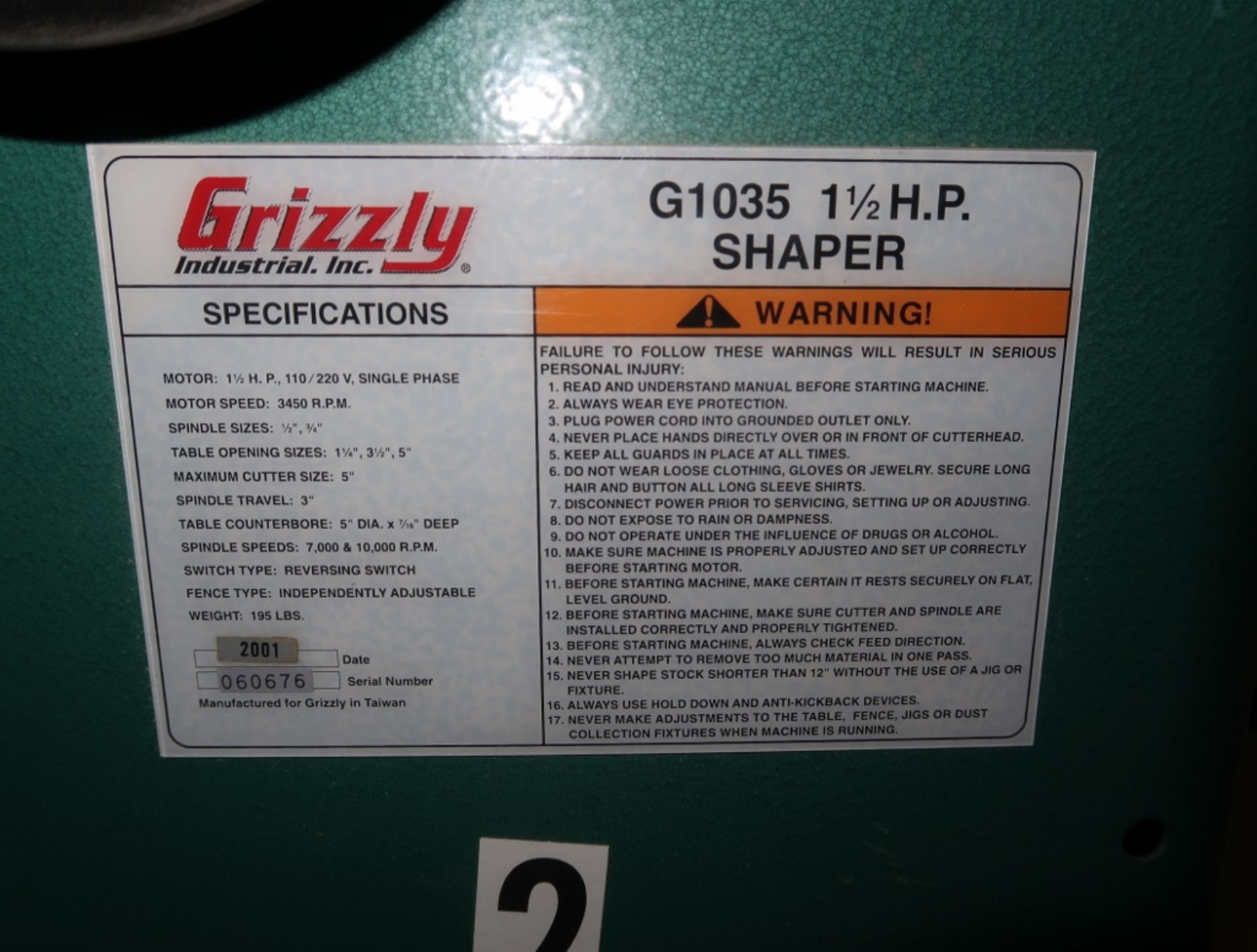 GRIZZLY SHAPER MDL. G1035 SN. 060676 - Image 4 of 4