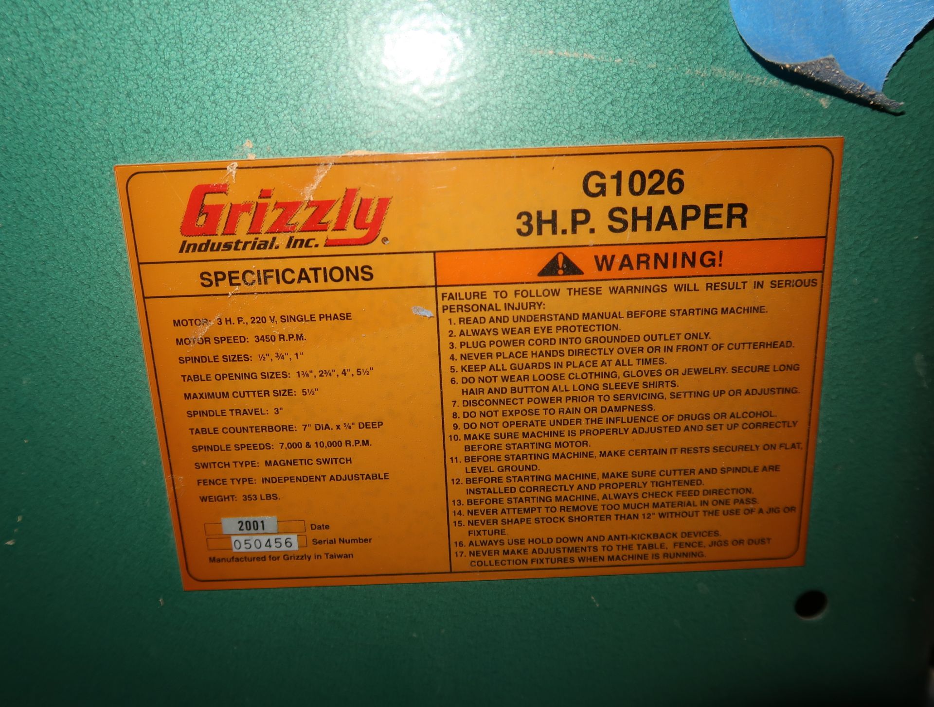 GRIZZLY 3HP SHAPER MDL. G1026 SN. 050456 - Image 5 of 6