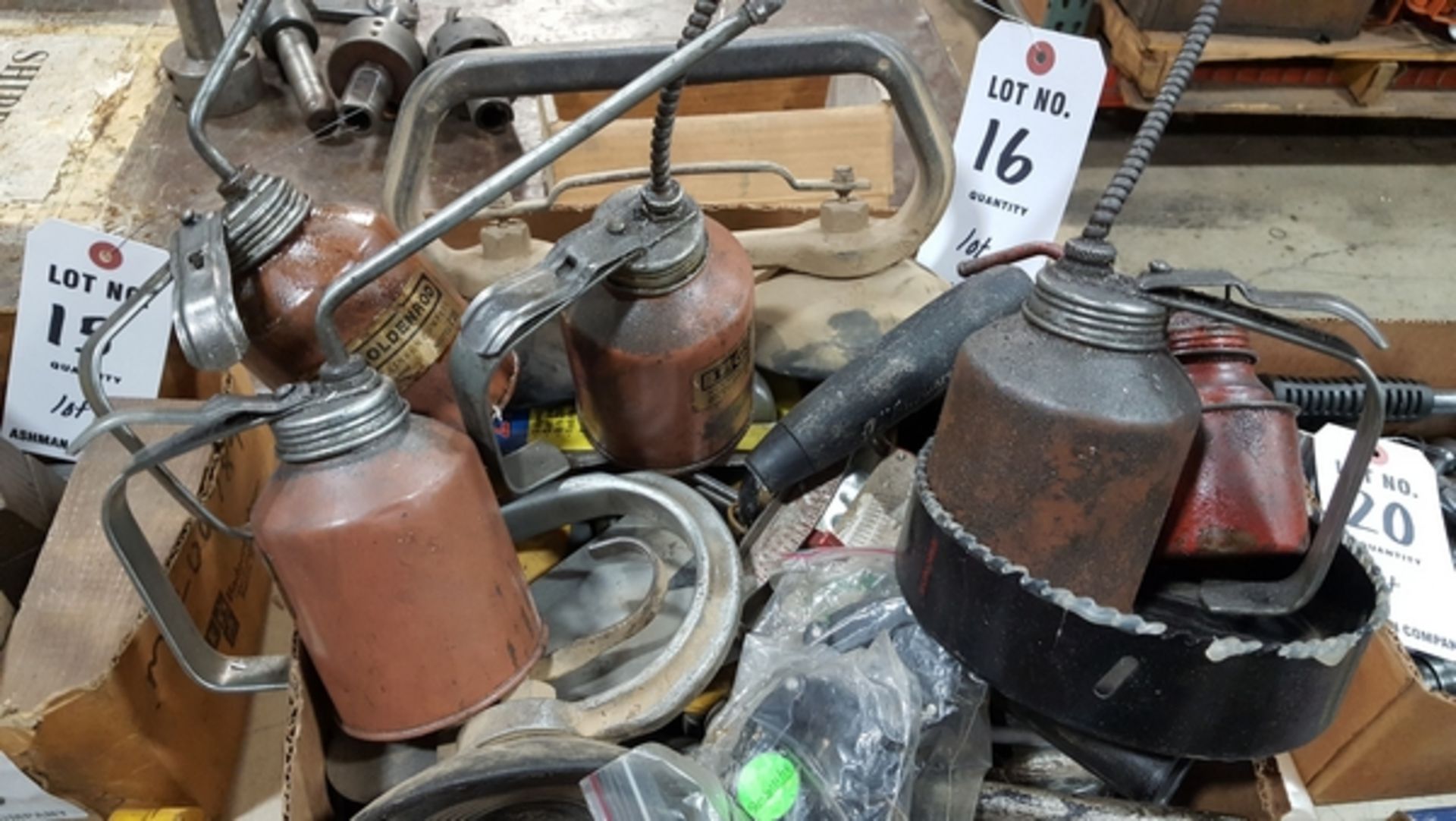 ASSORTED OIL CANS, PUNCHES, GLASS SUCTION CUPS