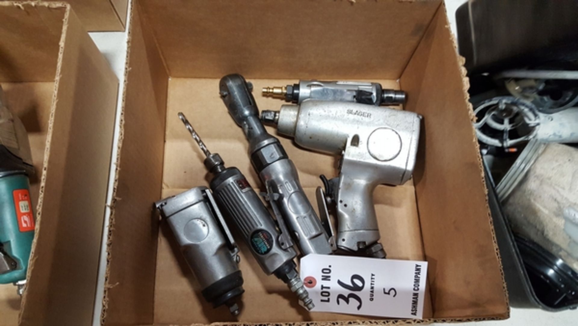 (1) AIR RATCHET, (1) 3/5'' BUTTERFLY IMPACT WRENCH, DIE GRINDER, (1) AIR DRIVER