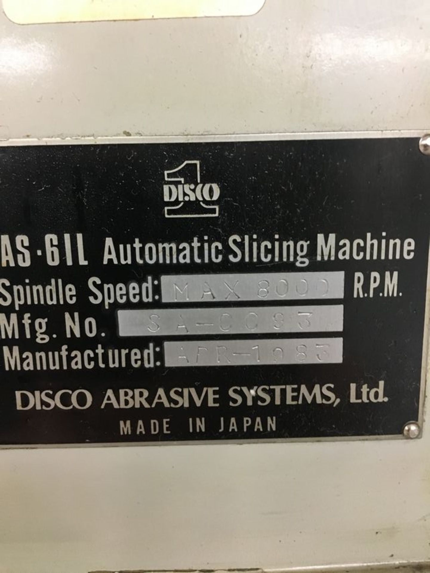 Disco abrasive systems AS-61l automatic slicing machine- 8,000 rpm spindle speed, s/n- SA-0093 - Image 4 of 4