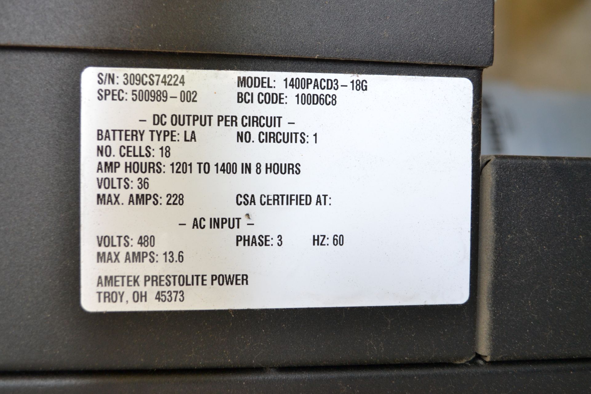 Prestolite Model 1400PACD3-18G Forklift Battery Charger - Image 4 of 4