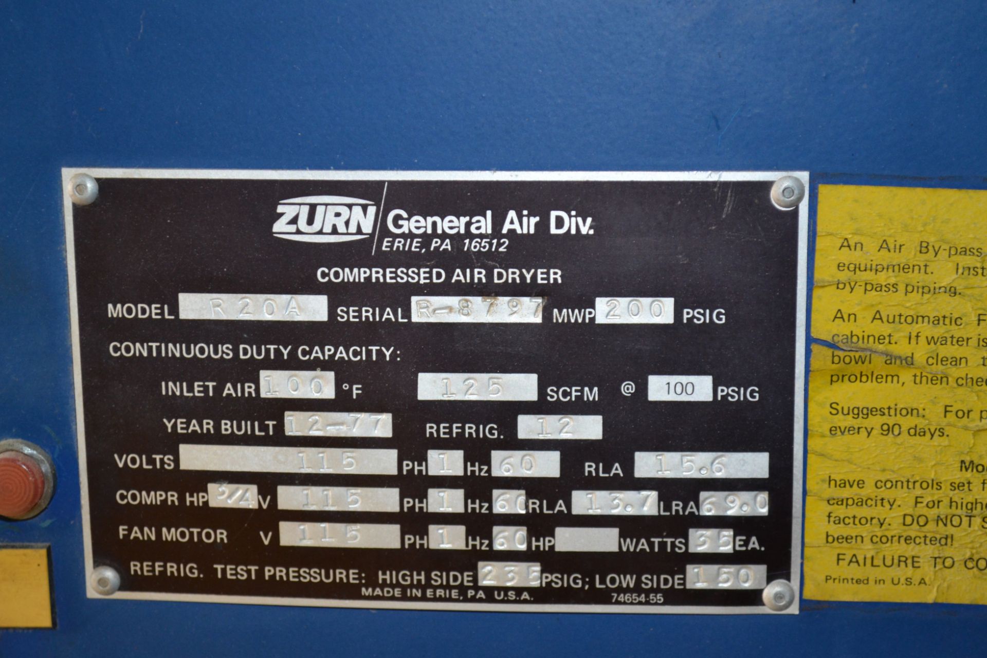 Zurn Model R20A Compressed Air Dryer, MWP 200 PSIG, 125 SCFM @ 100 PSIG, S/N R-8797 (1977) - Image 3 of 4