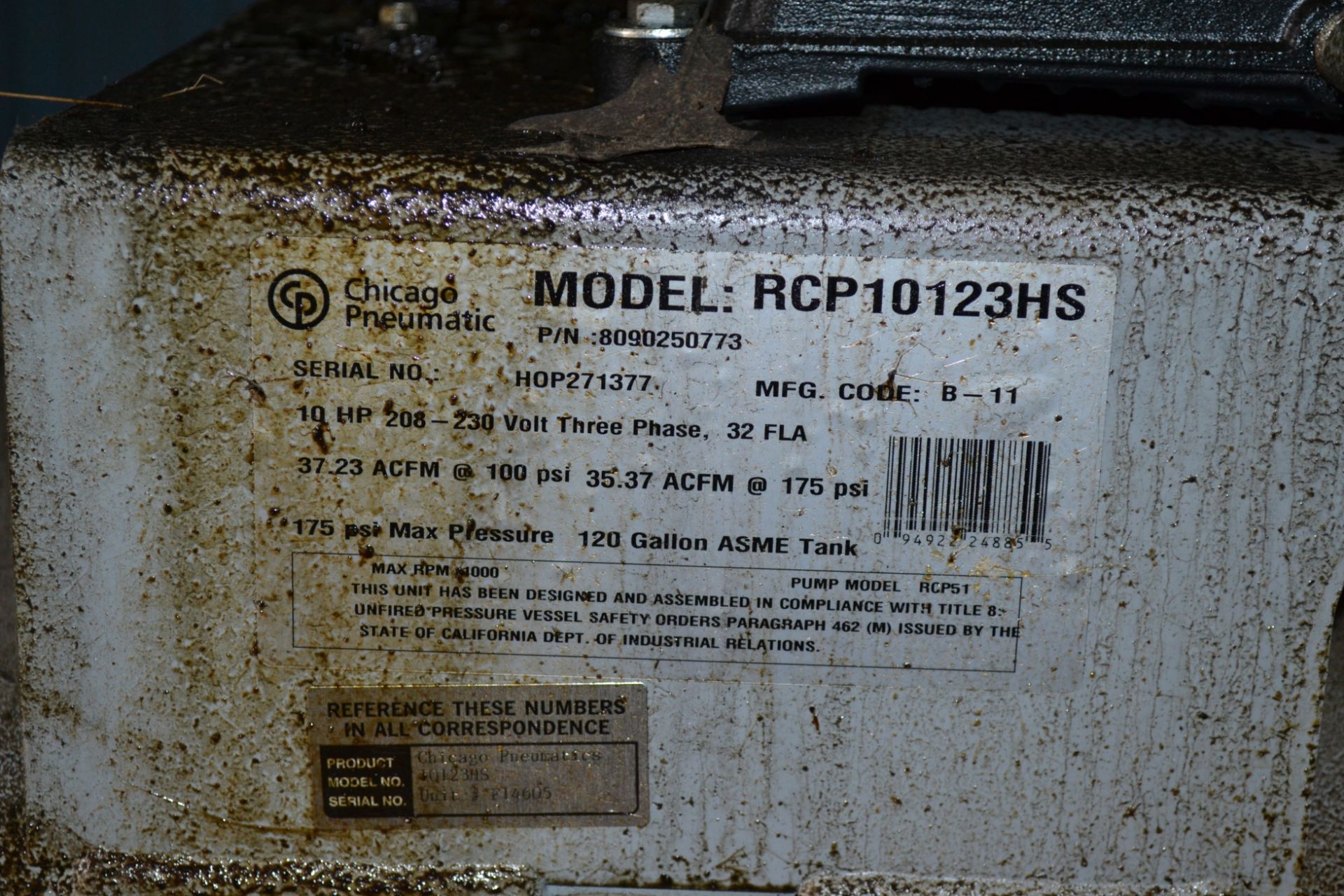 Chicago Pneumatic Model RCP10123HS 10-HP Horizontal Tank Mounted Air Compressor, S/N HOP271377, - Image 3 of 3