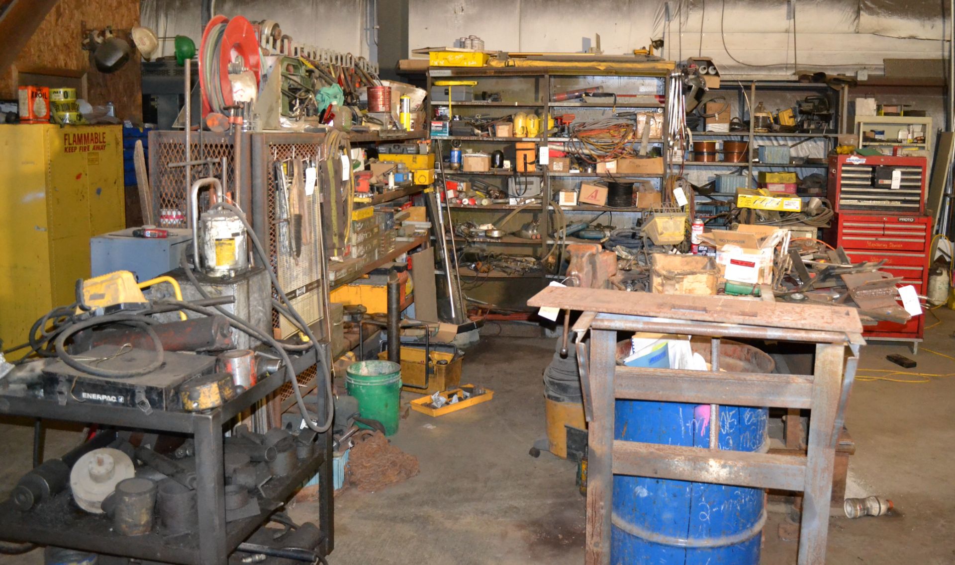 Lot Consisting of: Proto Tool Check, Metal Cabinet, Steel Table, (2) Sections Metal Shelving,