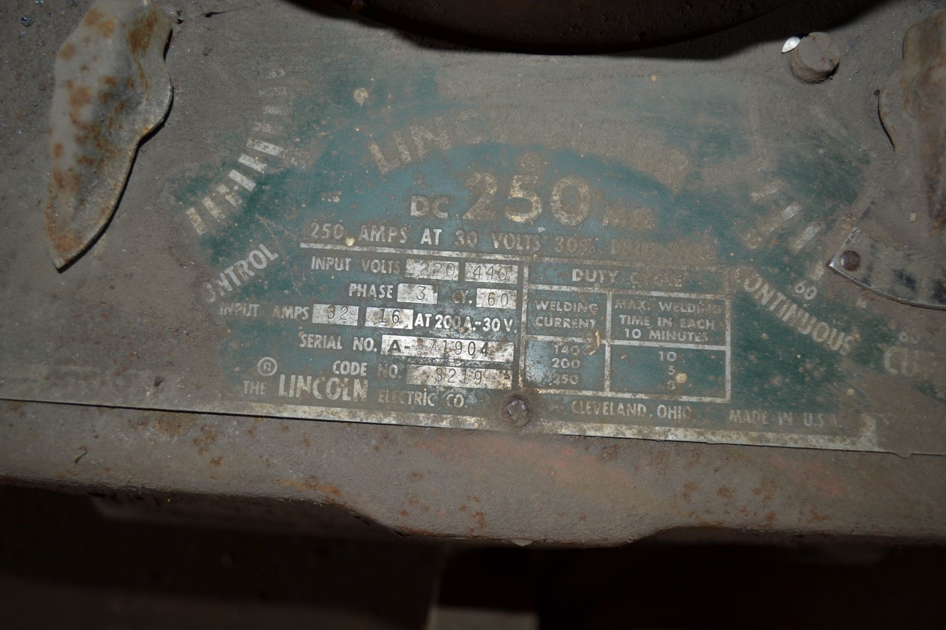 Lincoln Model DC250MK Welder, S/N 371904 - Image 3 of 3