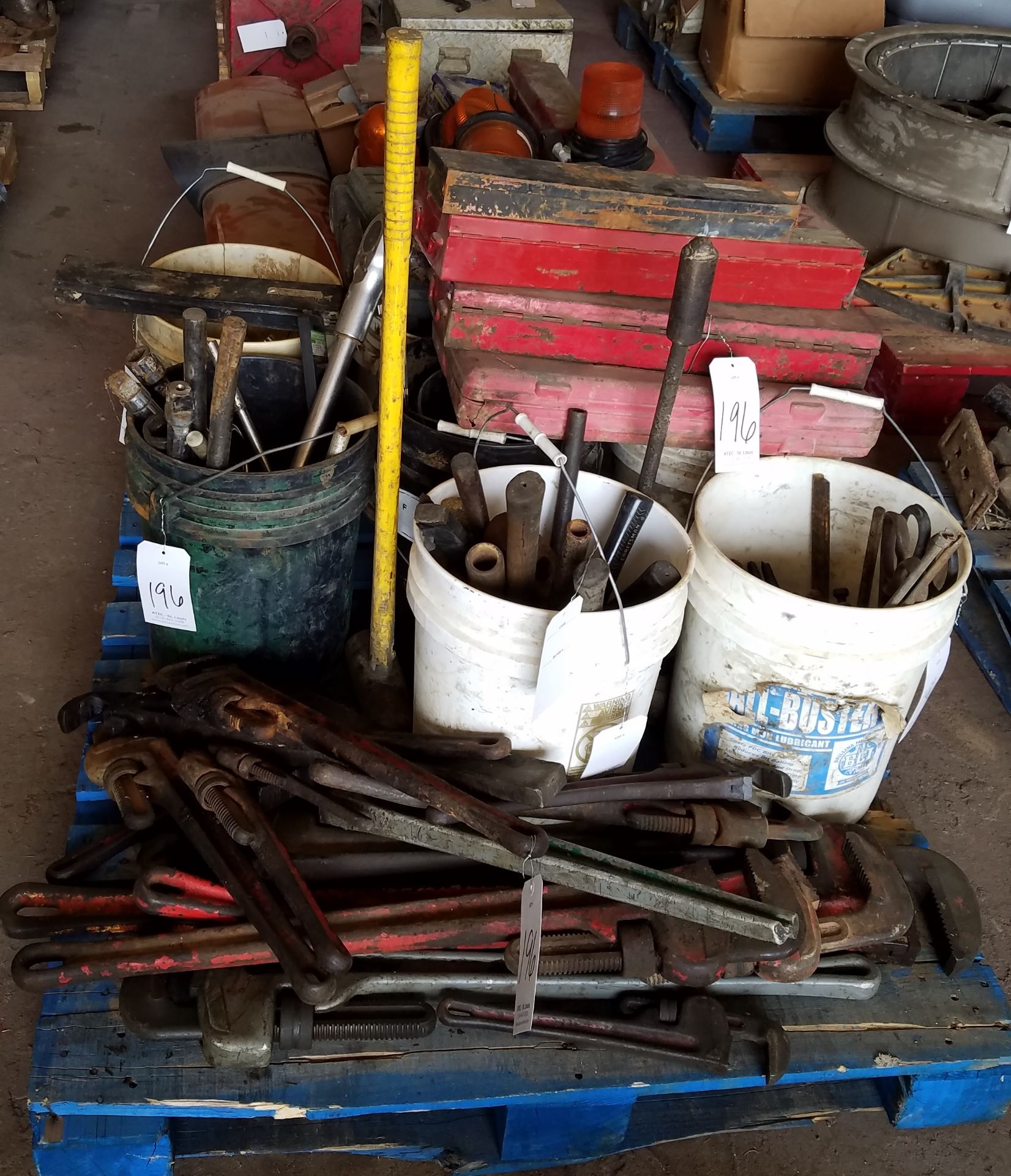 Assorted Tools Including Pipe Wrenches, Sockets, Pliers, Files, Hammers, & Tin Snips