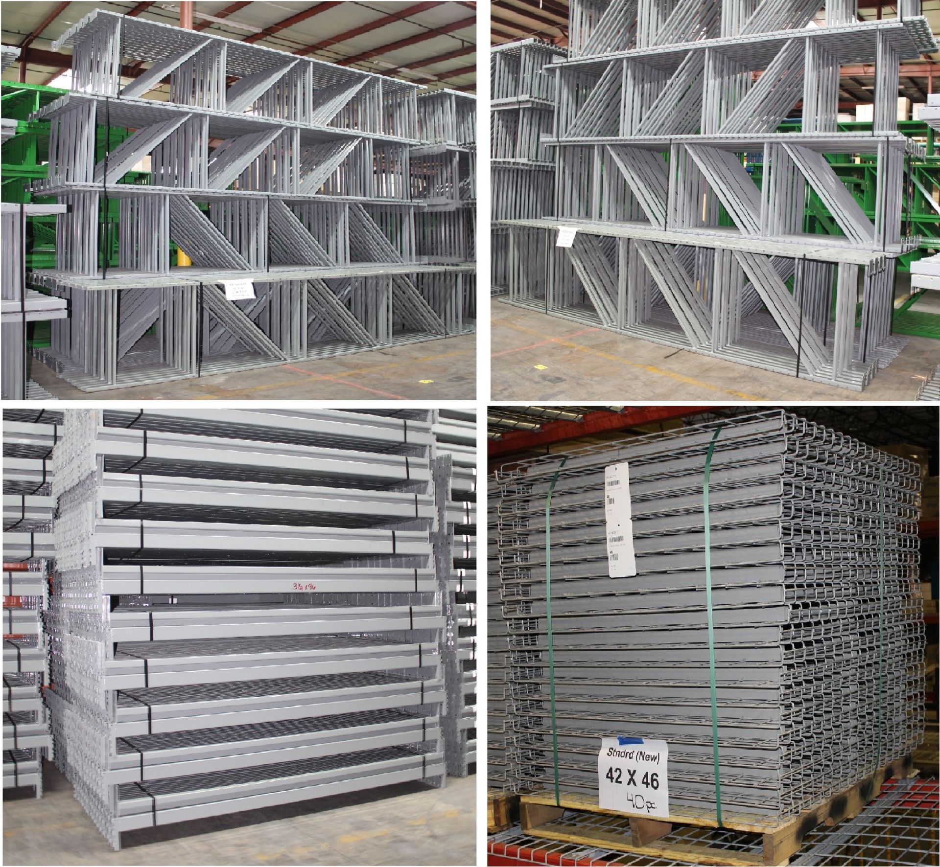 LIKE NEW KEYSTONE STYLE PALLET RACK WITH BEAMS AND WIRE DECKING. SIZE: 192"H X 96"L X 42"D.