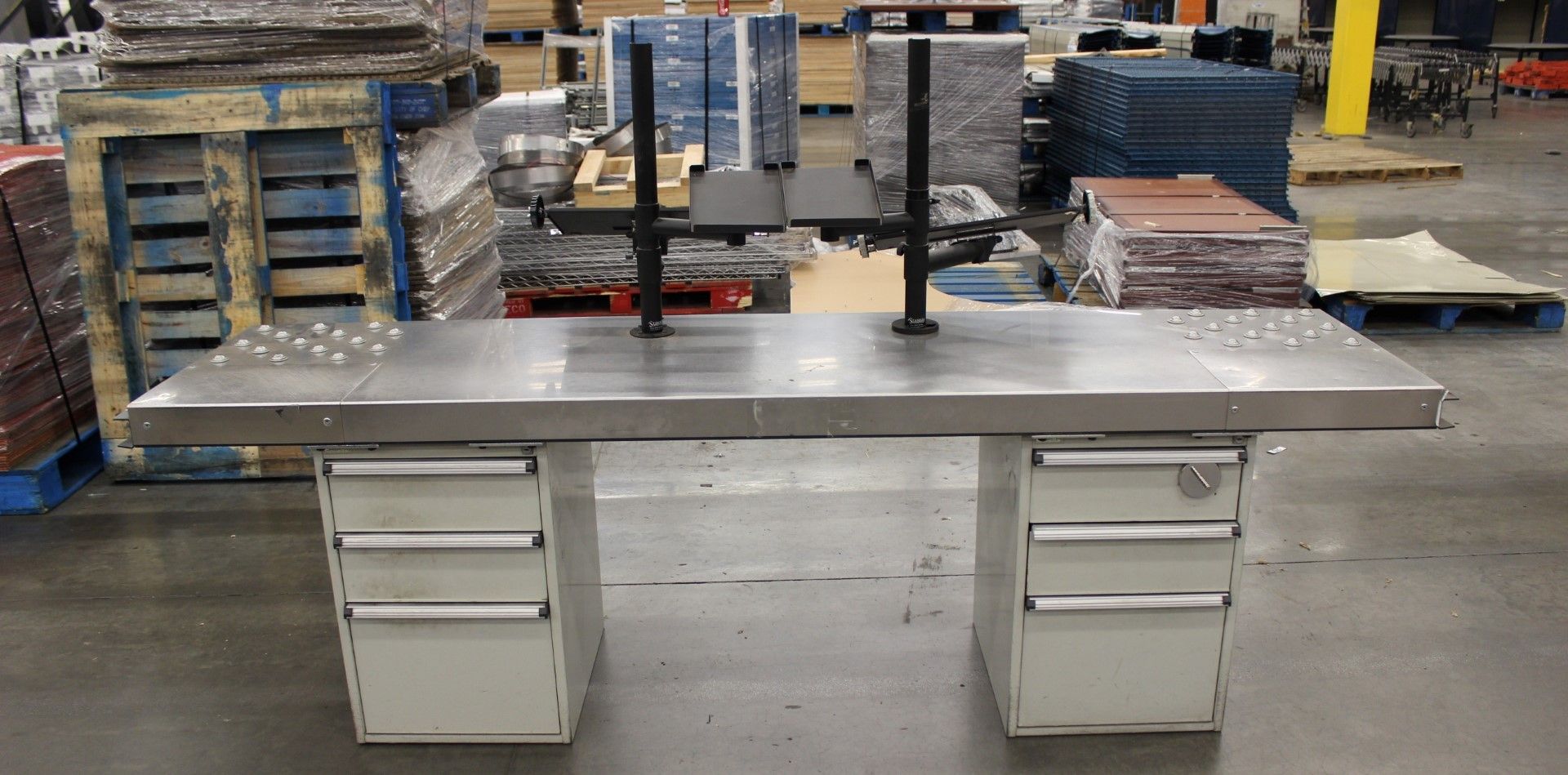 STAINLESS STEEL TOP TABLE WITH BALL TRANSFER , CABINETS & LCD MOUNT