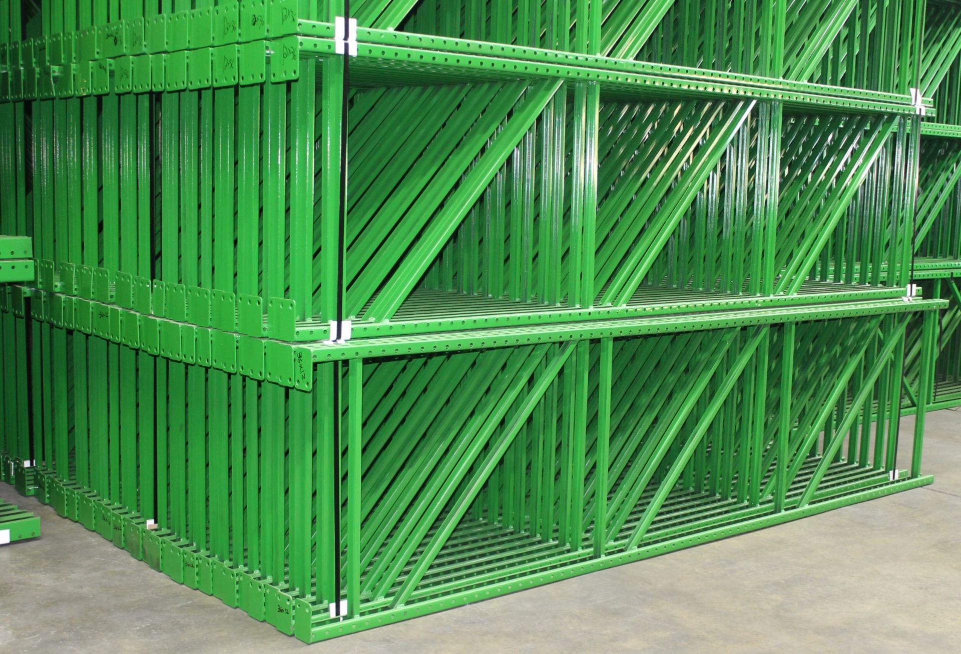 28 BAYS OF TEARDROP STYLE PALLET RACK, LIKE NEW, SIZE: 12'H x 36"D X 8'W