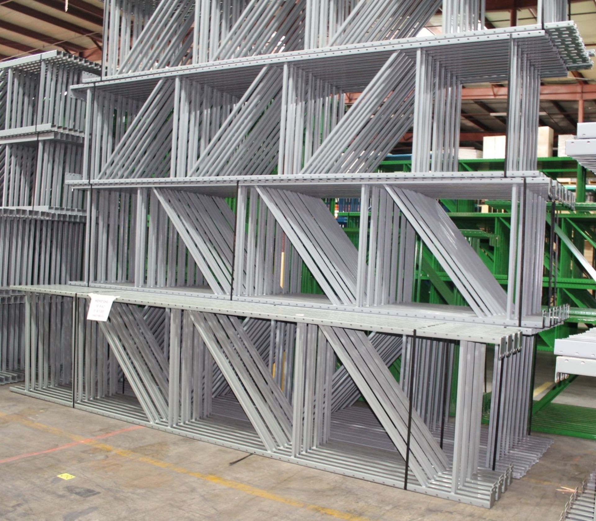 LIKE NEW KEYSTONE STYLE PALLET RACK WITH BEAMS AND WIRE DECKING. SIZE: 192"H X 96"L X 42"D. - Image 2 of 3