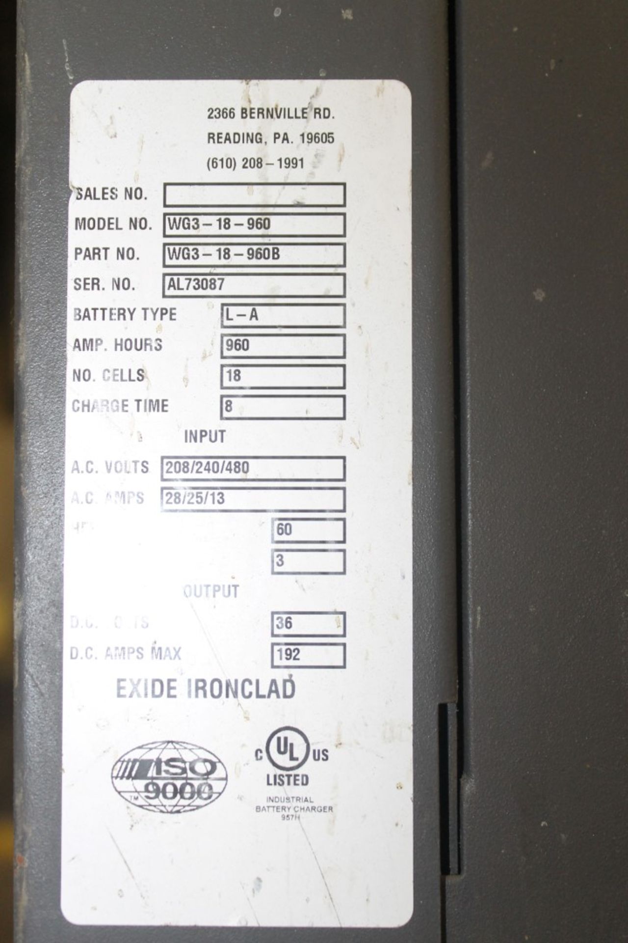EXIDE GOLD 36 VOLTS INDUSTRIAL BATTERY CHARGER, CAPACITY 960 AMP HRS, WORKHOG - Image 3 of 3