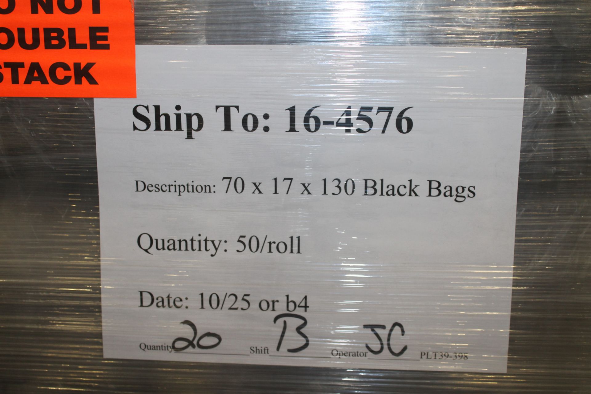 PALLET OF 70 X 17 X 130 BLACK BAGS,