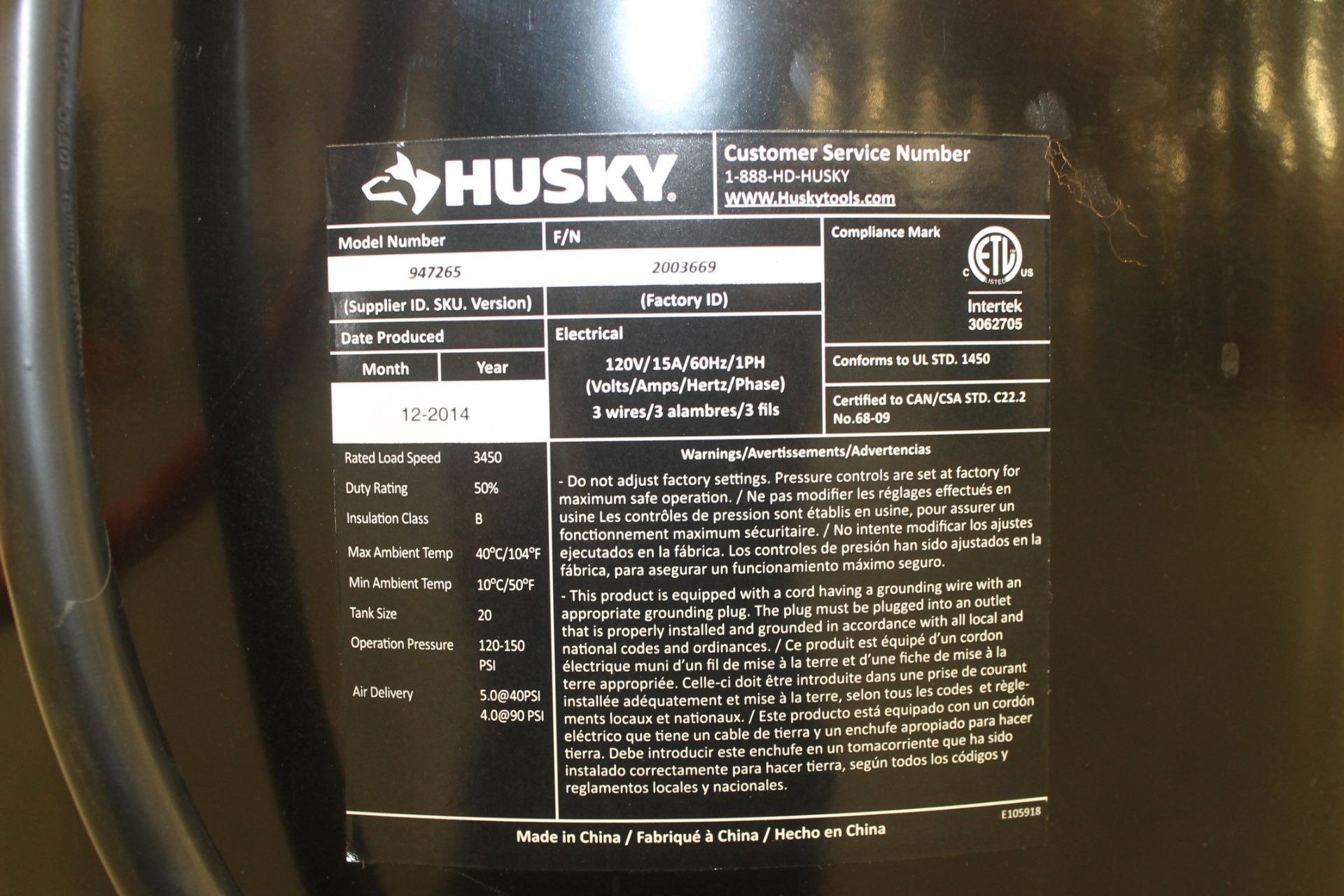 HUSKY 20 GAL. PORTABLE ELECTRIC AIR COMPRESSOR. , - Image 3 of 3