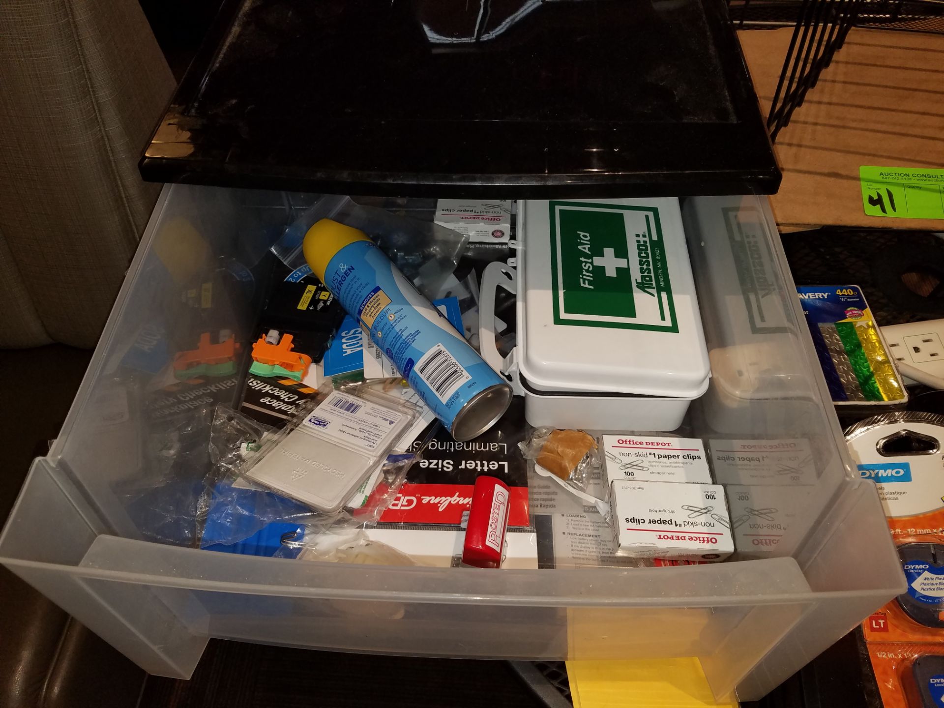 Grp of assorted office supplies: clipboards, first aid kit, adding machine, etc. - Image 2 of 2