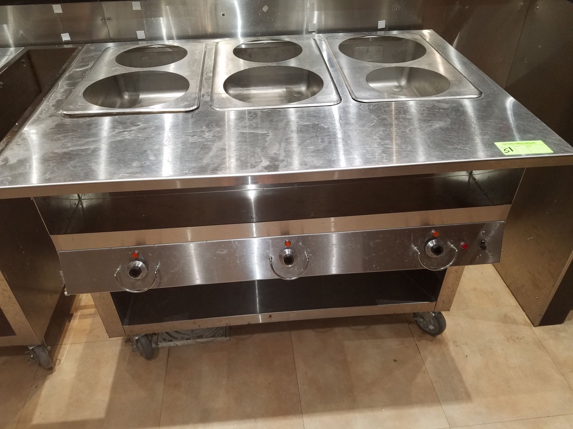 Thermaduke hot food steam table, model #E, 46", electric, stainless steel on castors
