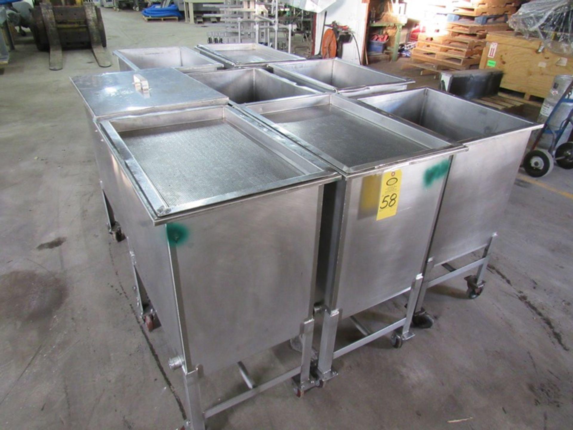 S.S. Product Bins, 17" W X 27" L X 24" D, 1" bottom center outlet, (3) screens, (2) lids. (Located