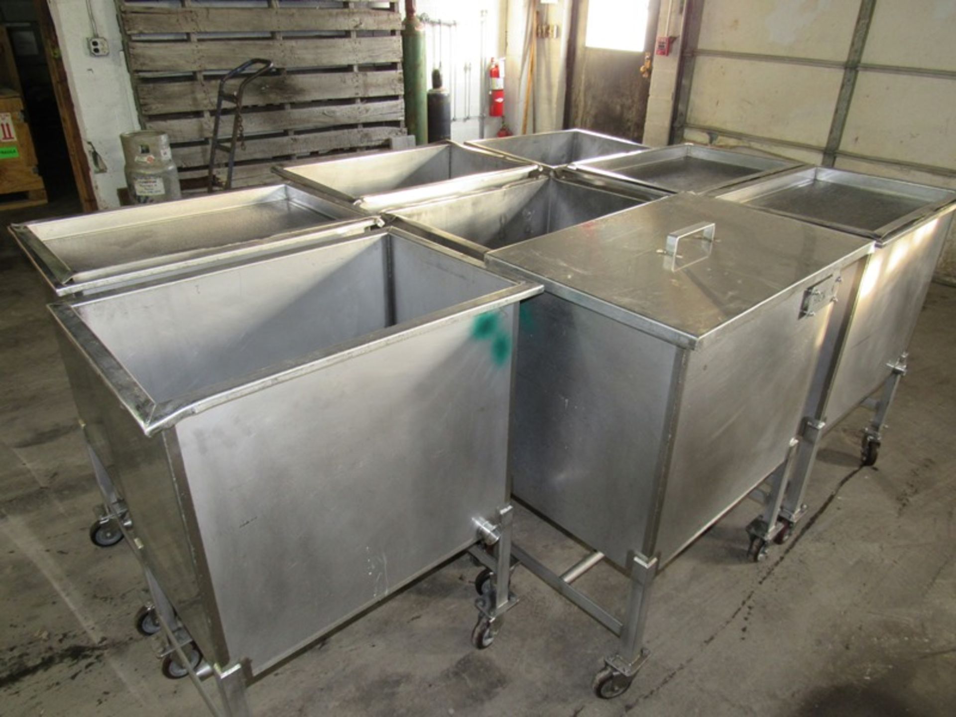 S.S. Product Bins, 17" W X 27" L X 24" D, 1" bottom center outlet, (3) screens, (2) lids. (Located - Image 7 of 10