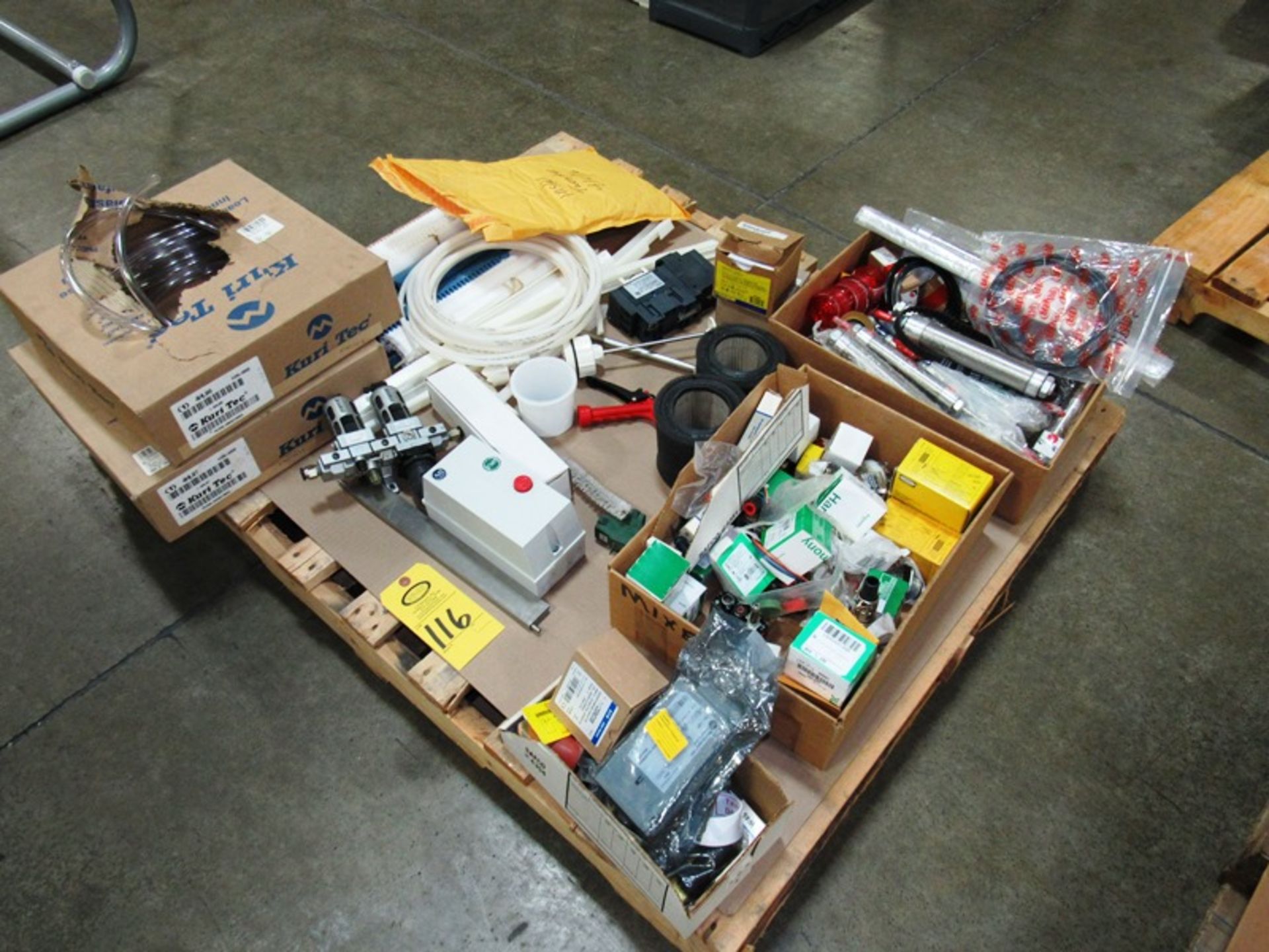 (2) Skids: Pneumatic Cylinders, Contactors, Filters, Tubing, Stack Light, Conveyor Pieces, Wire,