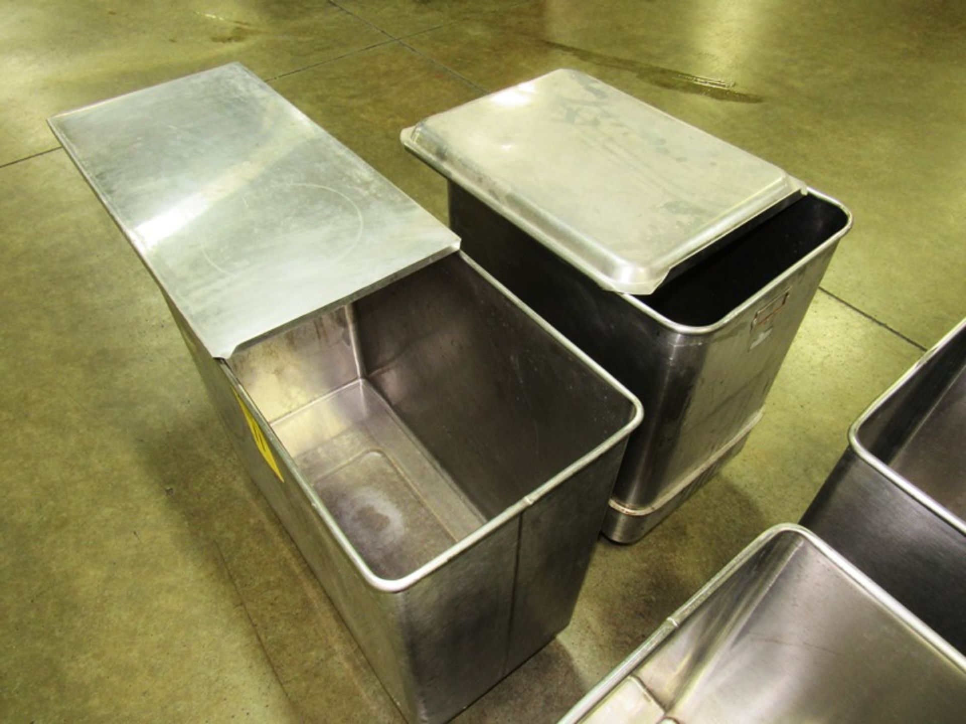 (2) Baxter Stainless Steel Ingredient Tubs with stainless steel lids, (1) 13" W X 28" L X 22" D & (