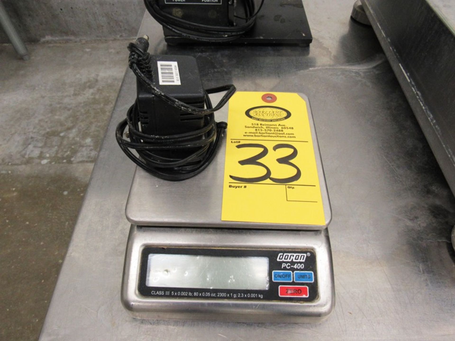 Doron Mdl. PC400 Stainless Steel Digital Scale, 6 1/2" W X 6 1/2" L top, 2300 g. capacity (Removal