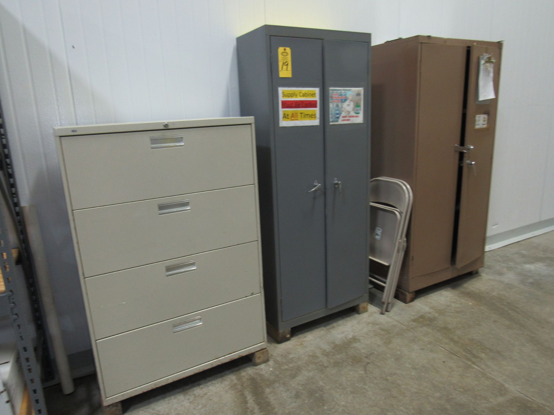 (2) File Cabinets with Cleaning Supplies, Poly Gloves, Dish Soap, Bleach, (1) 4-Drawer Lateral