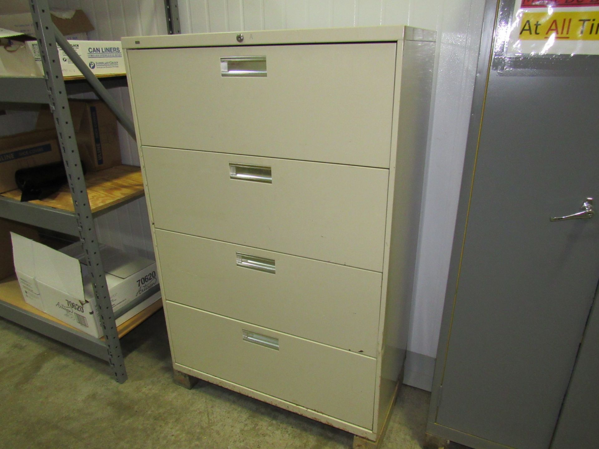 (2) File Cabinets with Cleaning Supplies, Poly Gloves, Dish Soap, Bleach, (1) 4-Drawer Lateral - Image 2 of 4