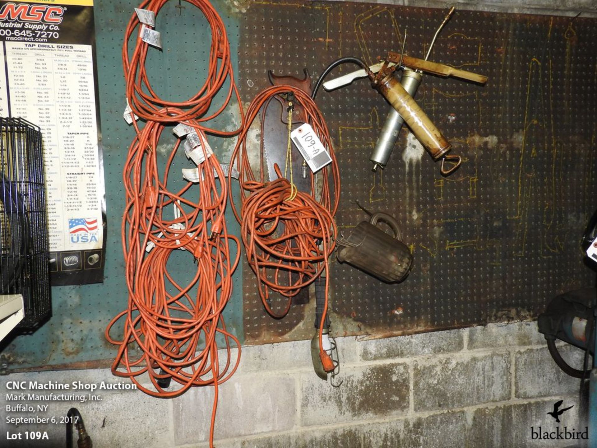 Lot- Grease guns, cords, trouble light, and handsaw