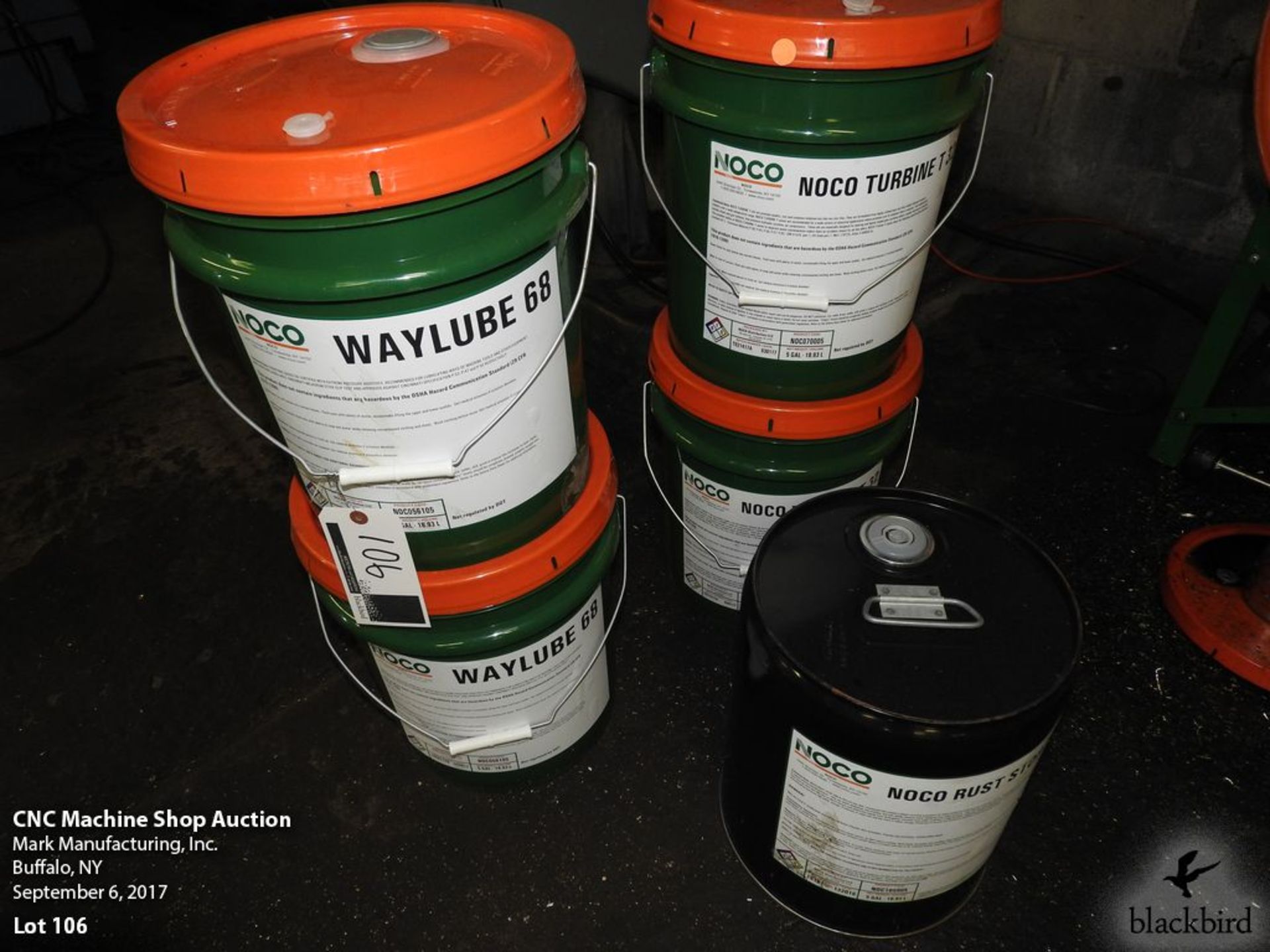 Lot- Sealed 5 gallon pails of NOCO (2) Waylube 68, (3) NOCO turbine T-32, and (1) NOCO rust stop