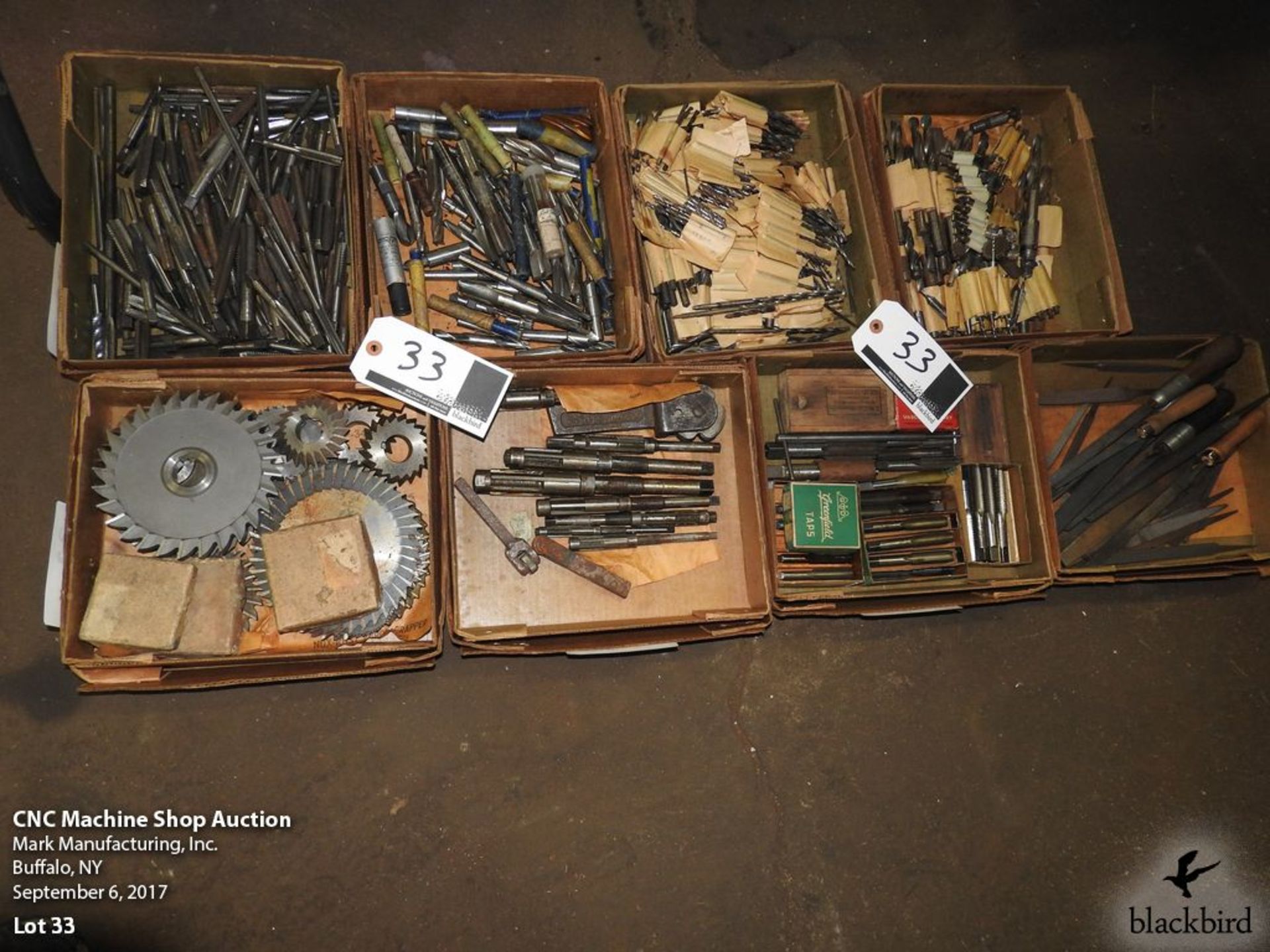 Lot- Boxes of drills, taps, cutters, files and reamers on floor