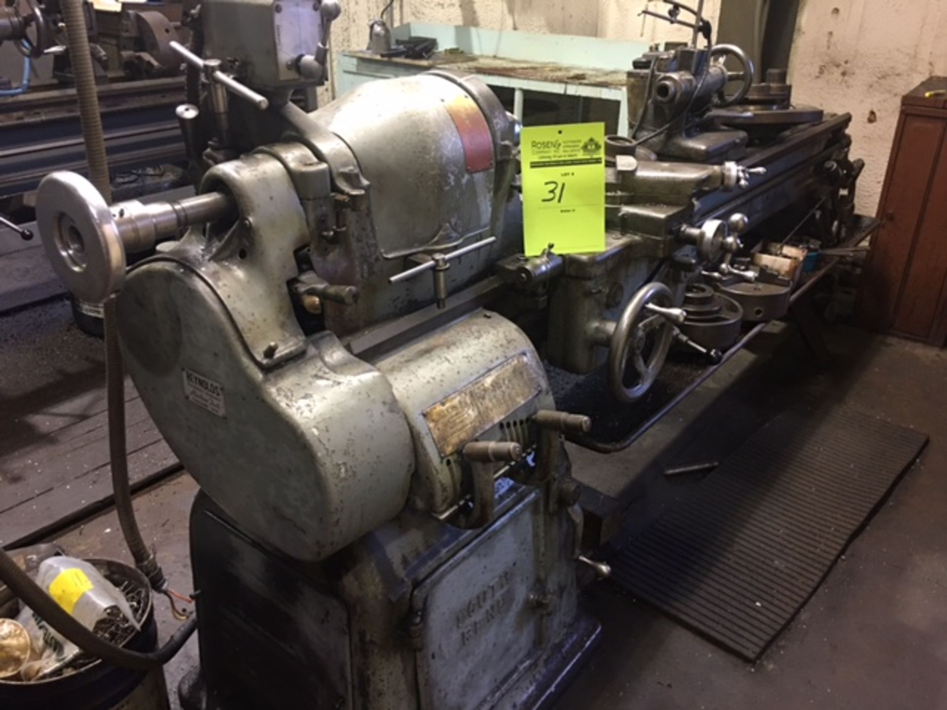 South Bend Lathe #16, 60" bed, 3 jaw chuck, 4 jaw chuck, collet adapter, steady rest, Aloris tool.