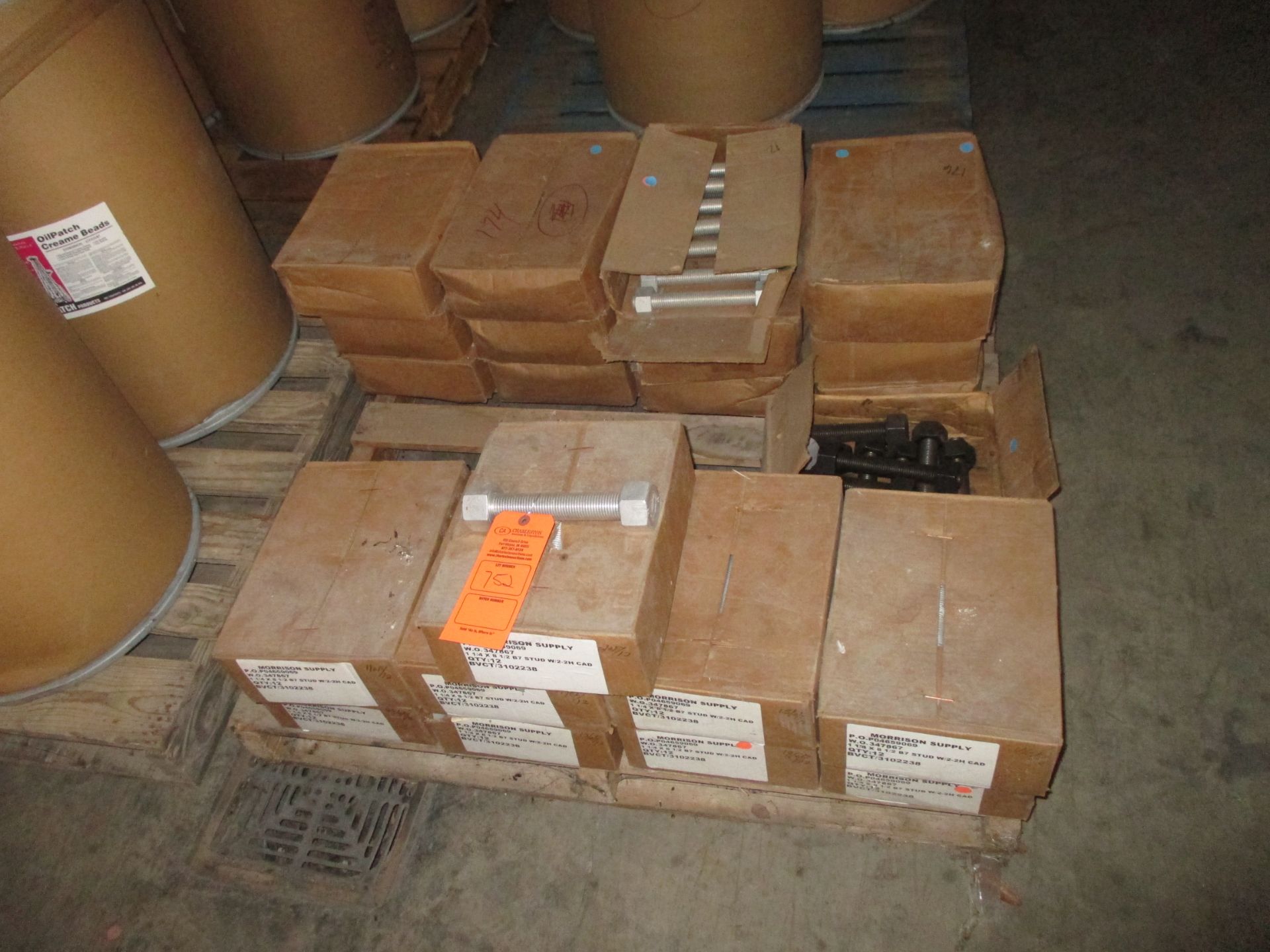 PALLET OF NUTS & BOLTS INCLUDING: (12) BOXES OF 1X1 1/8" X 8B7 STUD W/2-2H CAD; (9) BOXES OF 1 1/