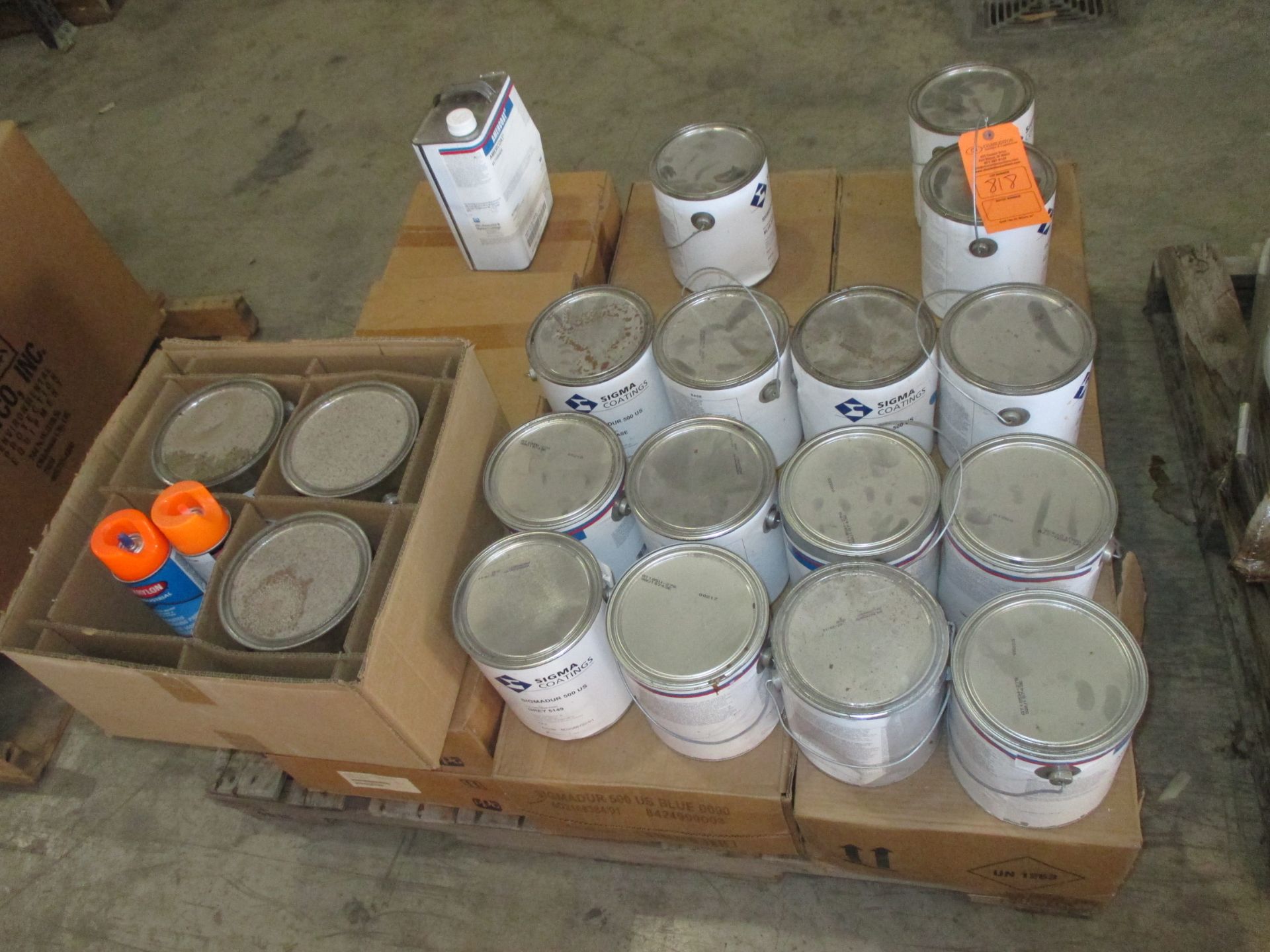 PALLET OF MISC. INCLUDING: AMERCOAT 185H GRAY SIGMA COATING WHITE BASE; RED 6188; BLUE 090 SIGMADUAR
