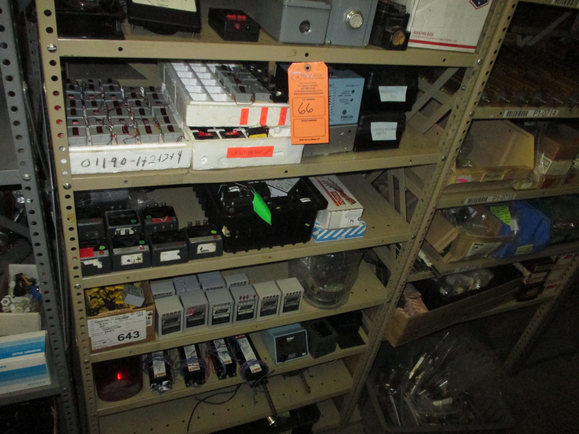 CONTENTS OF SHELF INCLUDING ACOPIN AC TO DC MODULES; G.E. BALAST; DWYER PHOTOHELIC SERIES A3000;