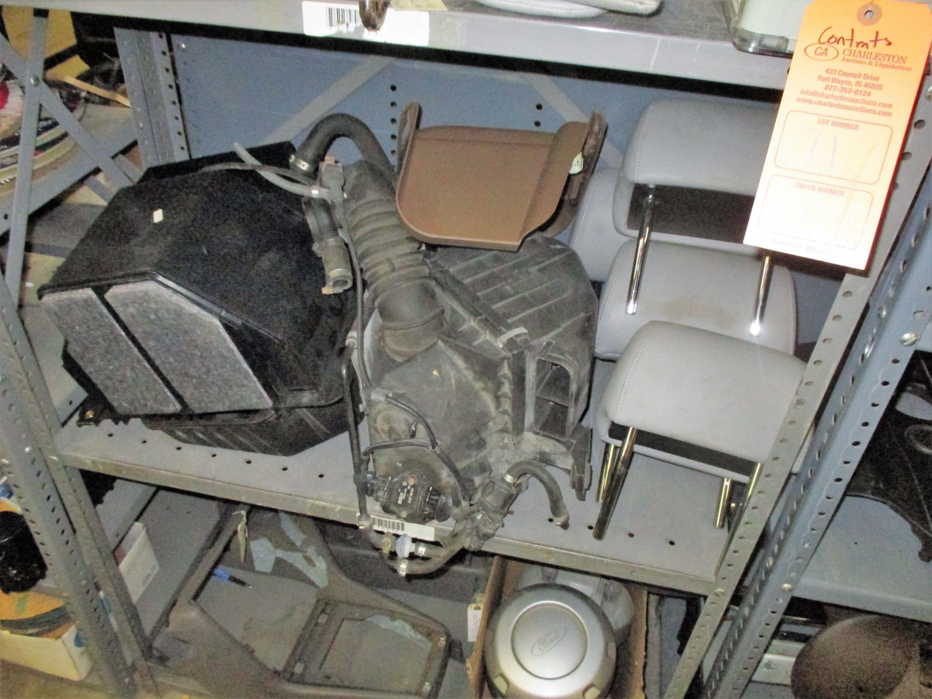 CONTENTS OF SHELF INCLUDING VARIOUS CAR JACKS; HEAD REST; CONSOLE PARTS; FORD WHEEL CAPS & MORE - Image 2 of 2