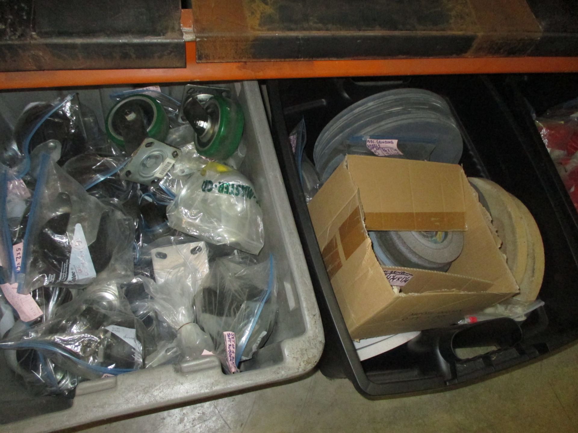 CONTENTS OF BOTTOM SHELF INCLUDING (4) BINS OF ELECTRICAL HOUSING; WOODEN HARDWARE; GRINDING - Image 2 of 4