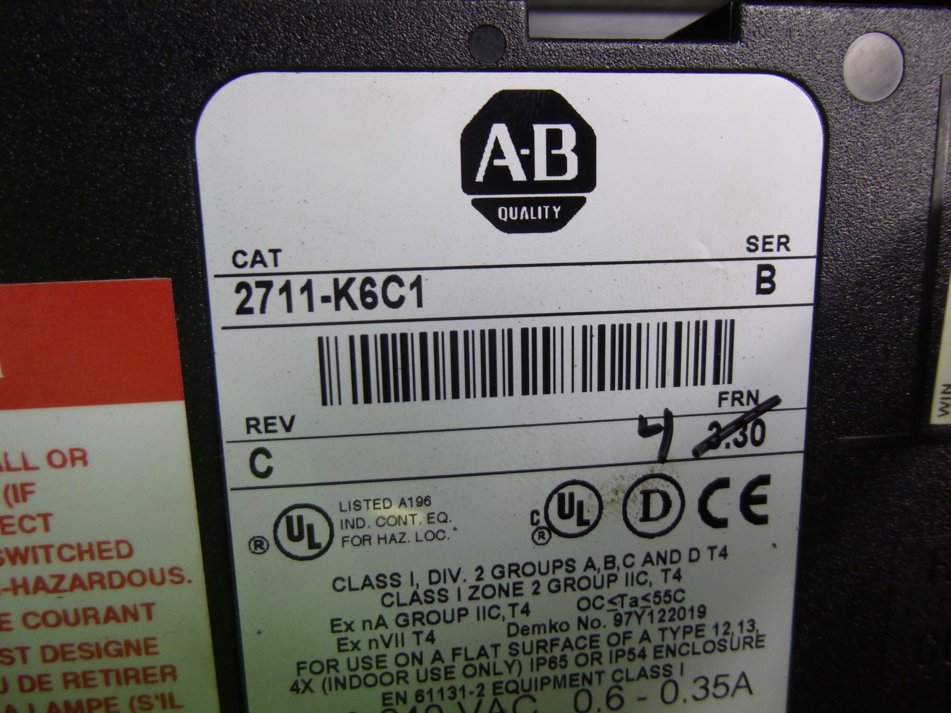 Allen Bradley Panelview 600 Cat. Number 2711-K6C1 ser B - Image 2 of 2