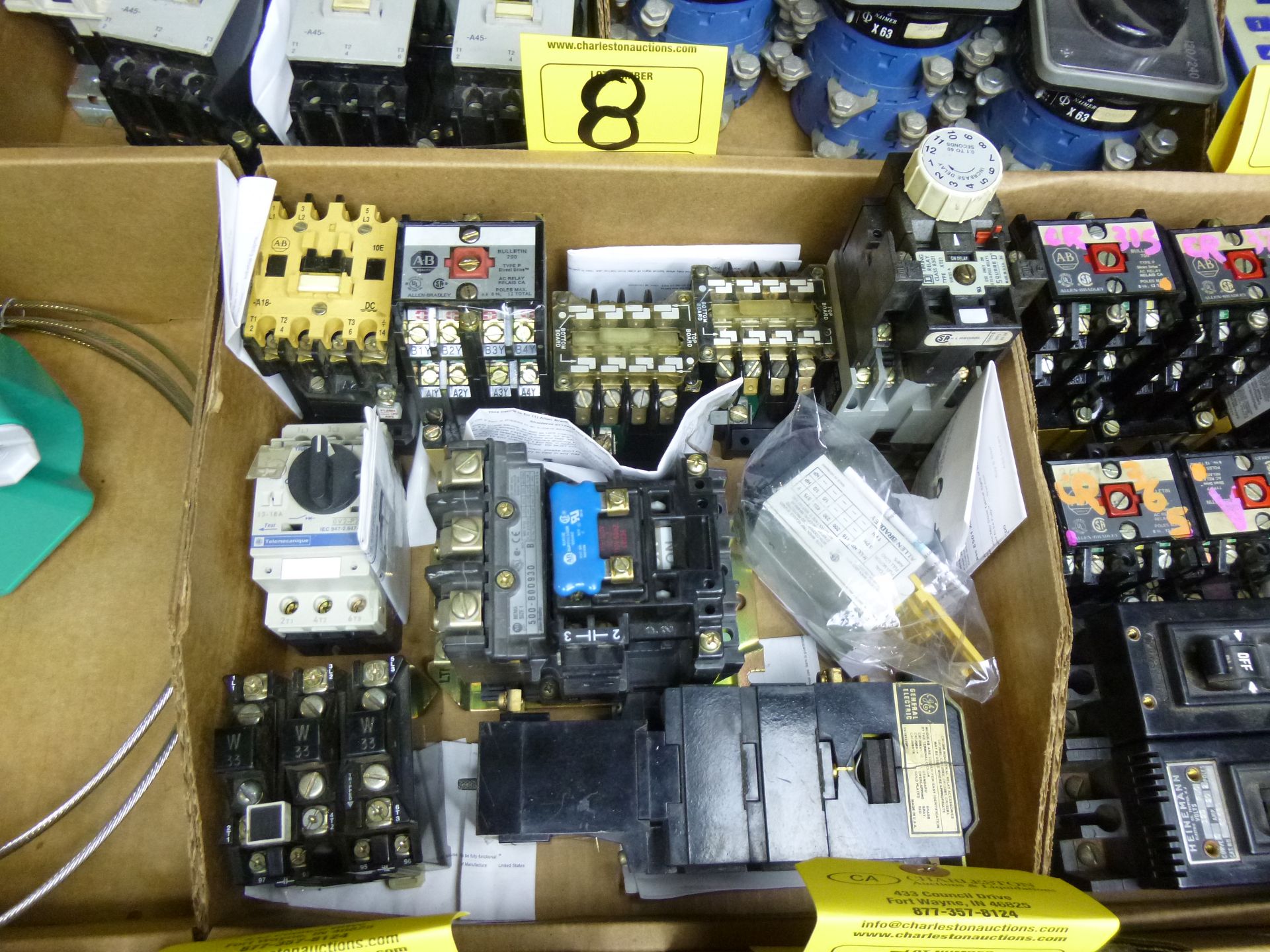 Box Flat of assorted electrical contactors, motor protectors, etc