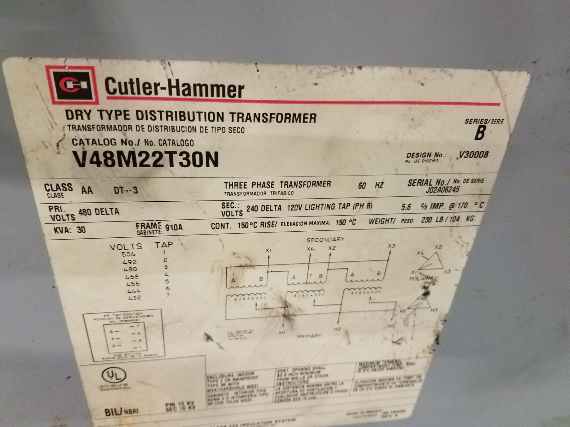 CUTLER HAMMER DRY TYPE DISTRIBUTION TRANSFORMER 30 KVA - Image 2 of 2