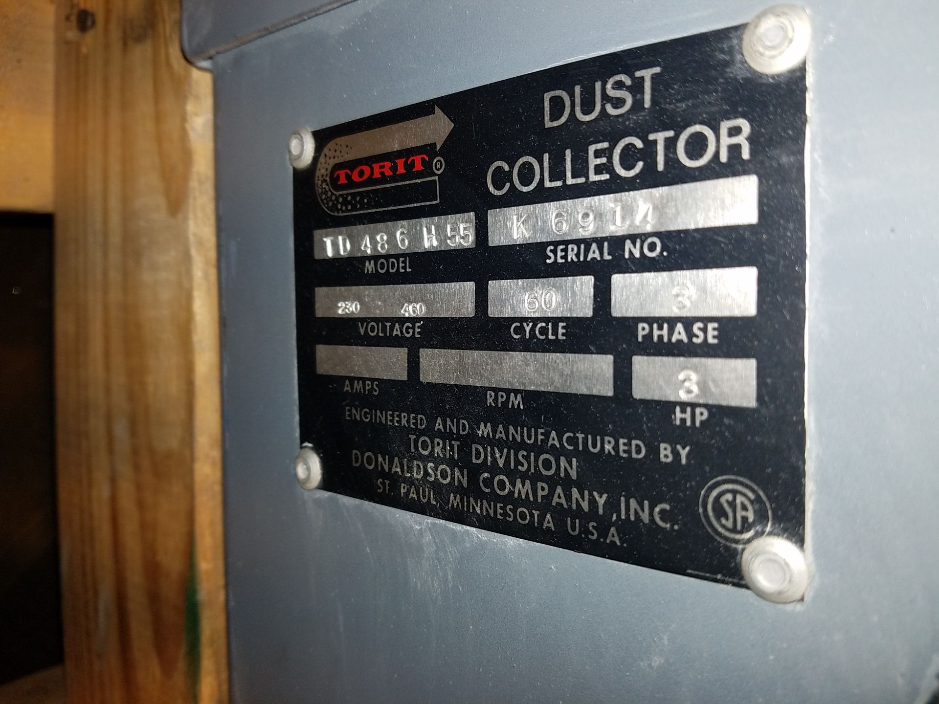 TORIT DUST COLLECTOR MODEL TD486H55 S#K6914(LOCATED AT 880 MAPLE AVE, CONNEAUT, OH 44030) - Image 2 of 2