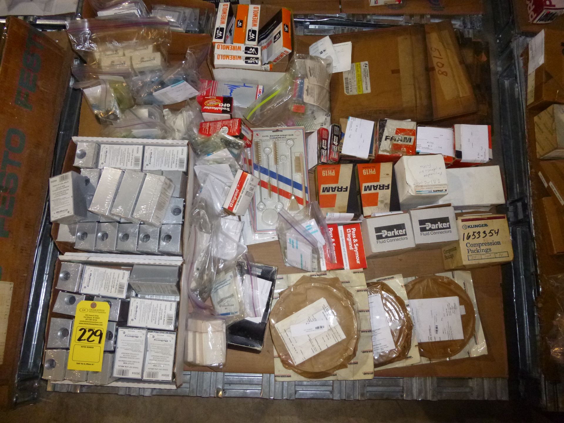 Pallet of assorted parts and electrical (mostly new in package) Shipping can be prepared for
